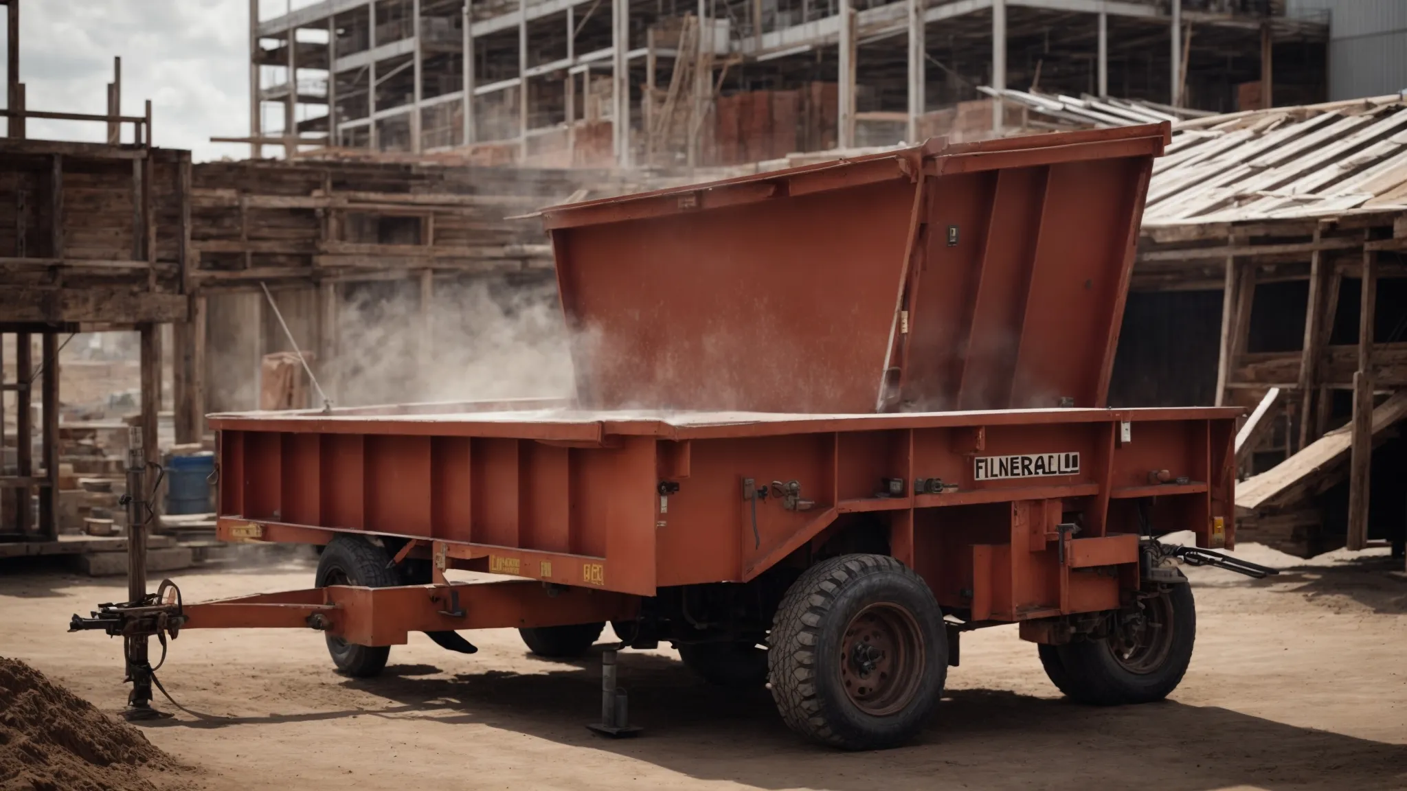 a sturdy tipping trailer, partly elevated, demonstrates its robust frame and hydraulic system in action, set against a background of a construction site.