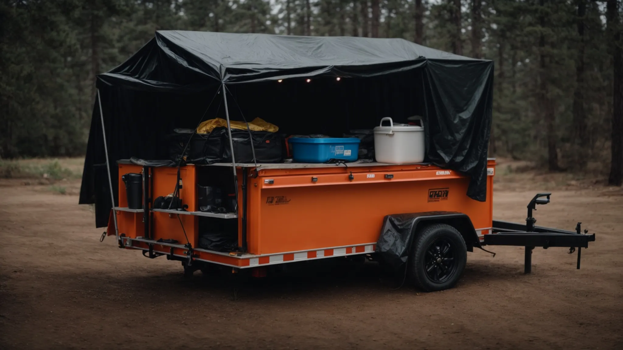 a trailer equipped with a mounted toolbox and covered with a waterproof tarp stands ready for travel.