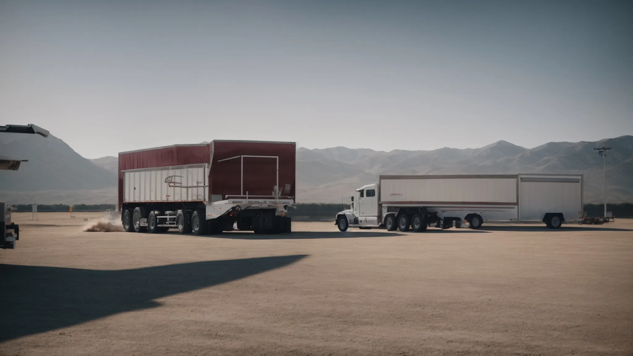 a large tipping trailer stands ready next to a commercial truck on an open, empty lot under a clear sky.