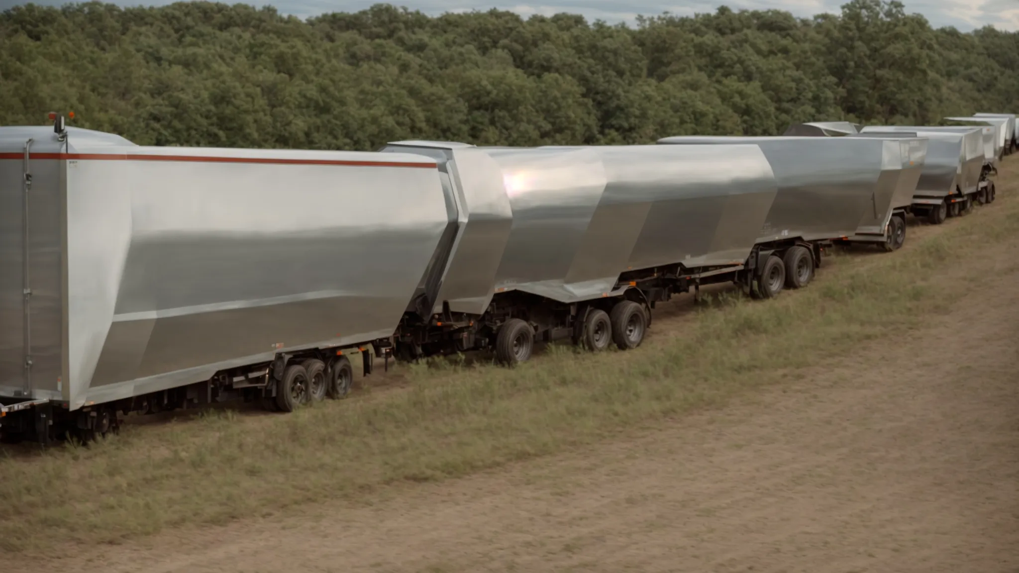 a row of empty tipper trailers parked in an open field under a clear sky.