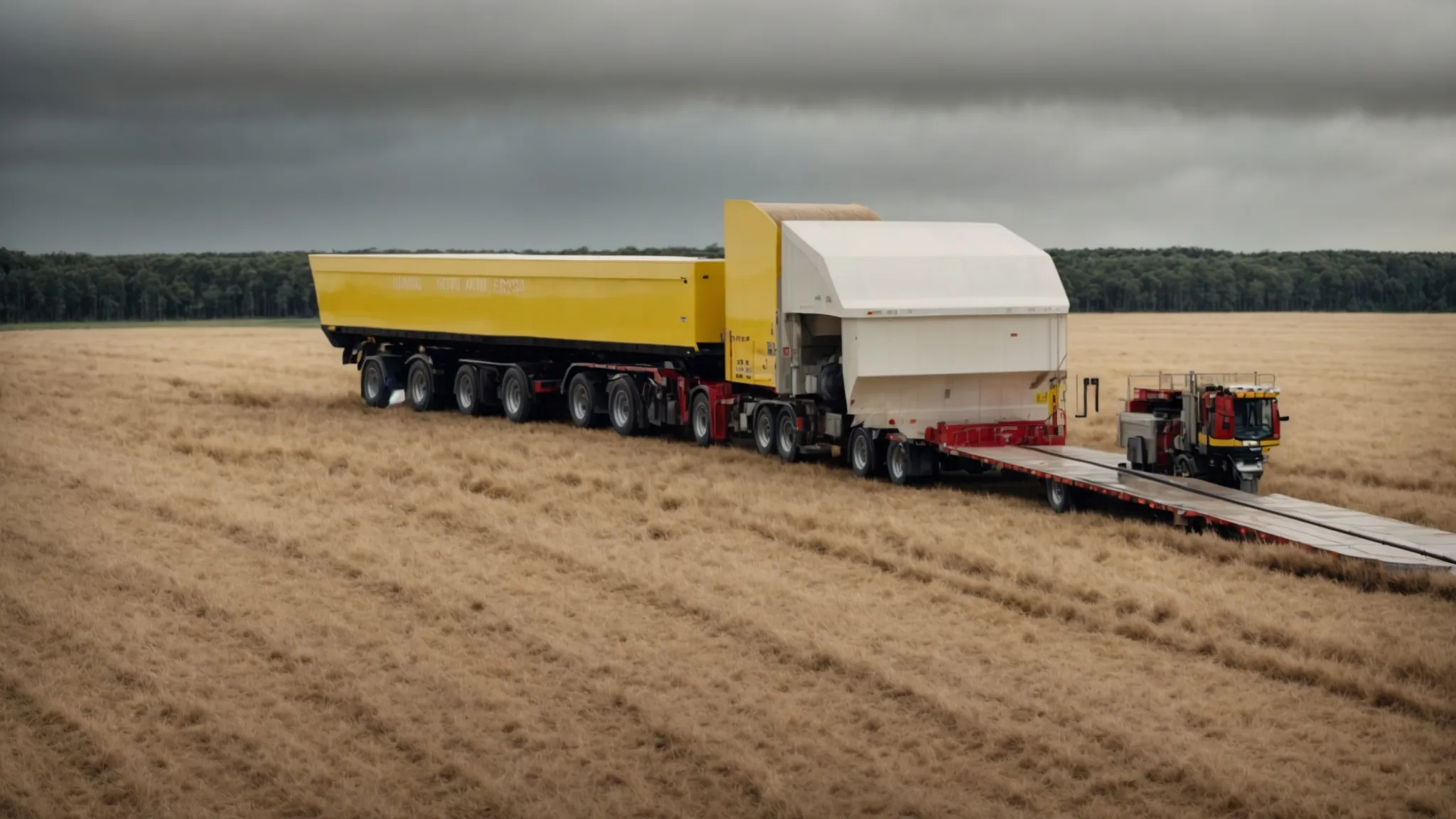 a tipping trailer gently unloads cargo onto an open field under the watchful eye of a safety inspector in a high visibility vest.