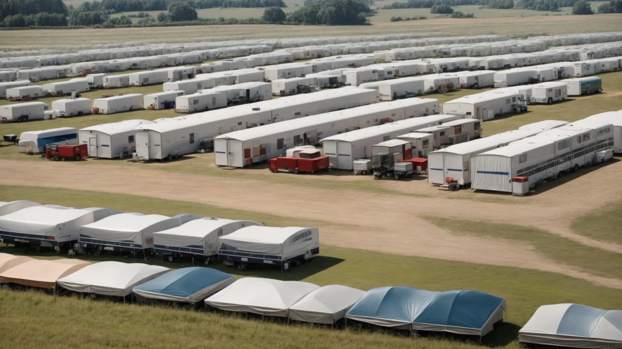 a spacious, open field with rows of diverse, unbranded trailers parked under a clear sky, showcasing various sizes and designs.