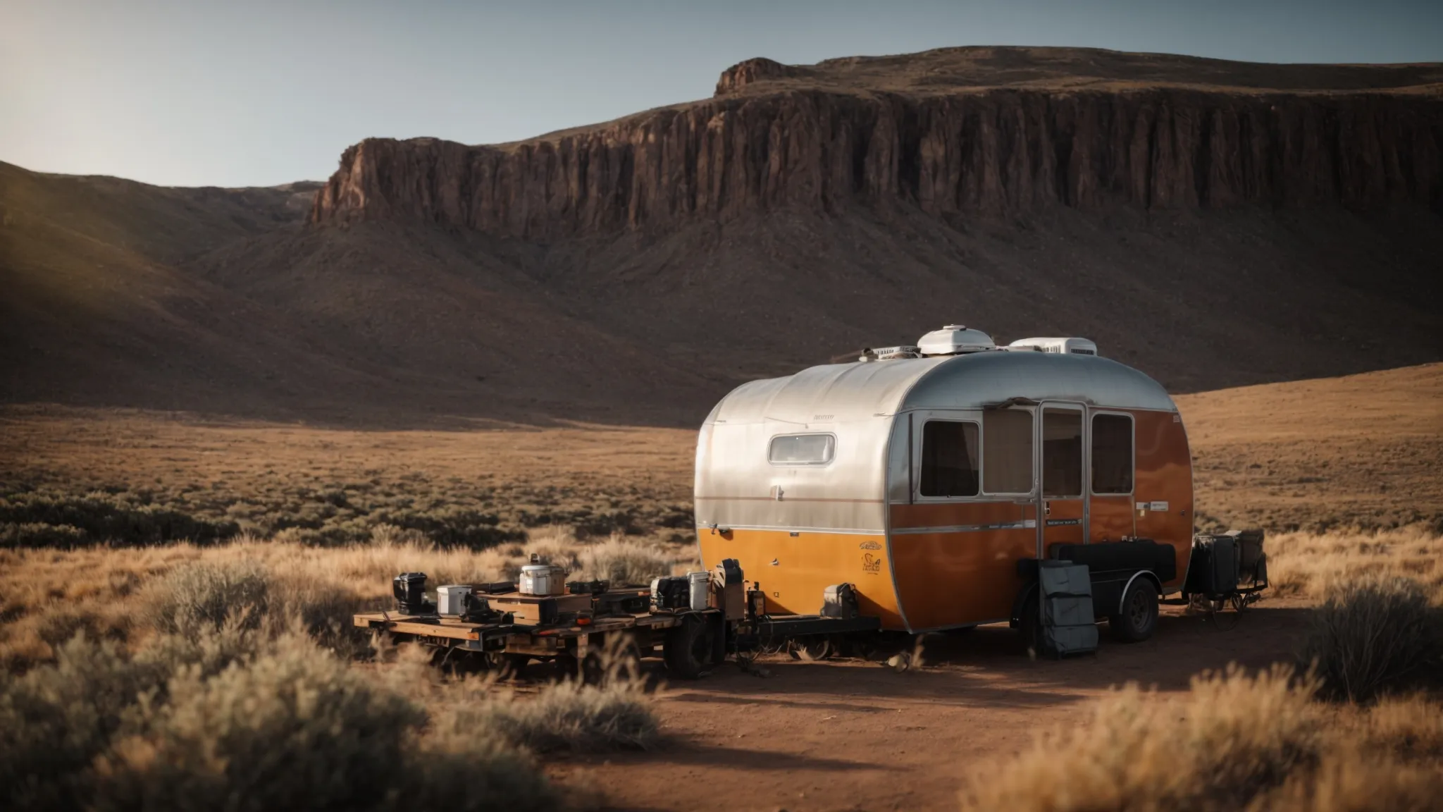 a rugged trailer parked amidst a remote, wild landscape under a clear sky, symbolizing the start of an off-grid adventure.