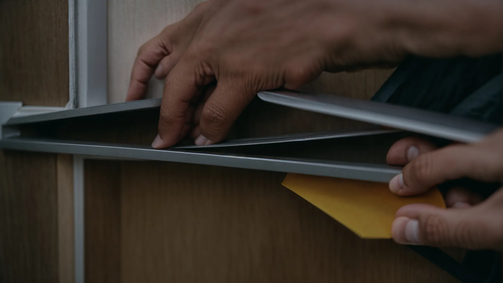 a person is seen precisely measuring a trailer's door frame before applying weather stripping to it.