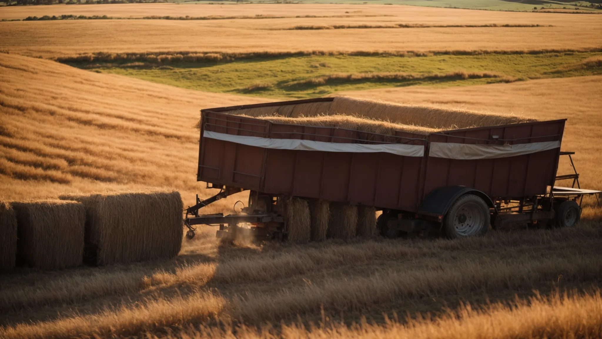 a farm trailer, laden with hay, stands resiliently on a rugged field under the glaring australian sun.