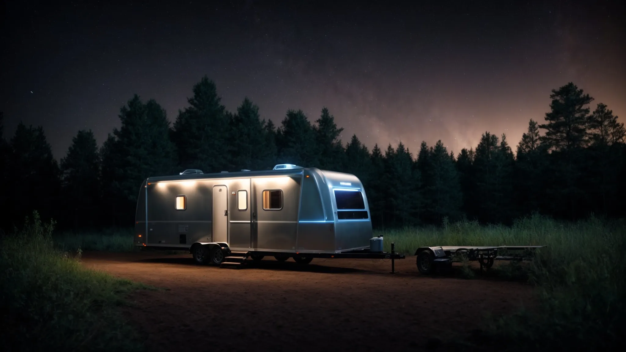 a trailer rigged with bright lights and solar panels stands ready at the edge of a dark forest pathway, under a starlit sky.