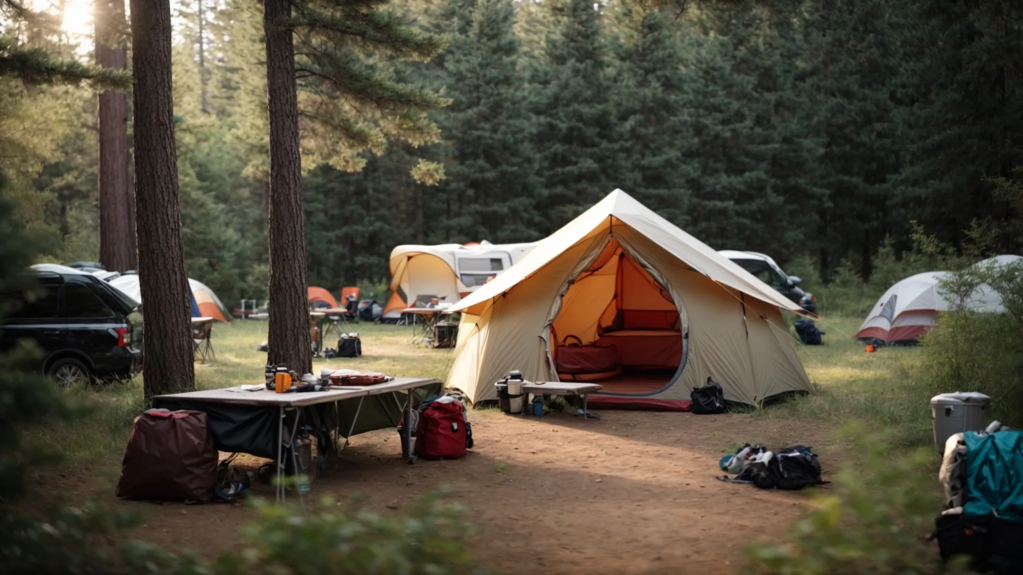 a well-organized camping area with a neatly arranged tent and trailer surrounded by nature, maximizing space and efficiency.