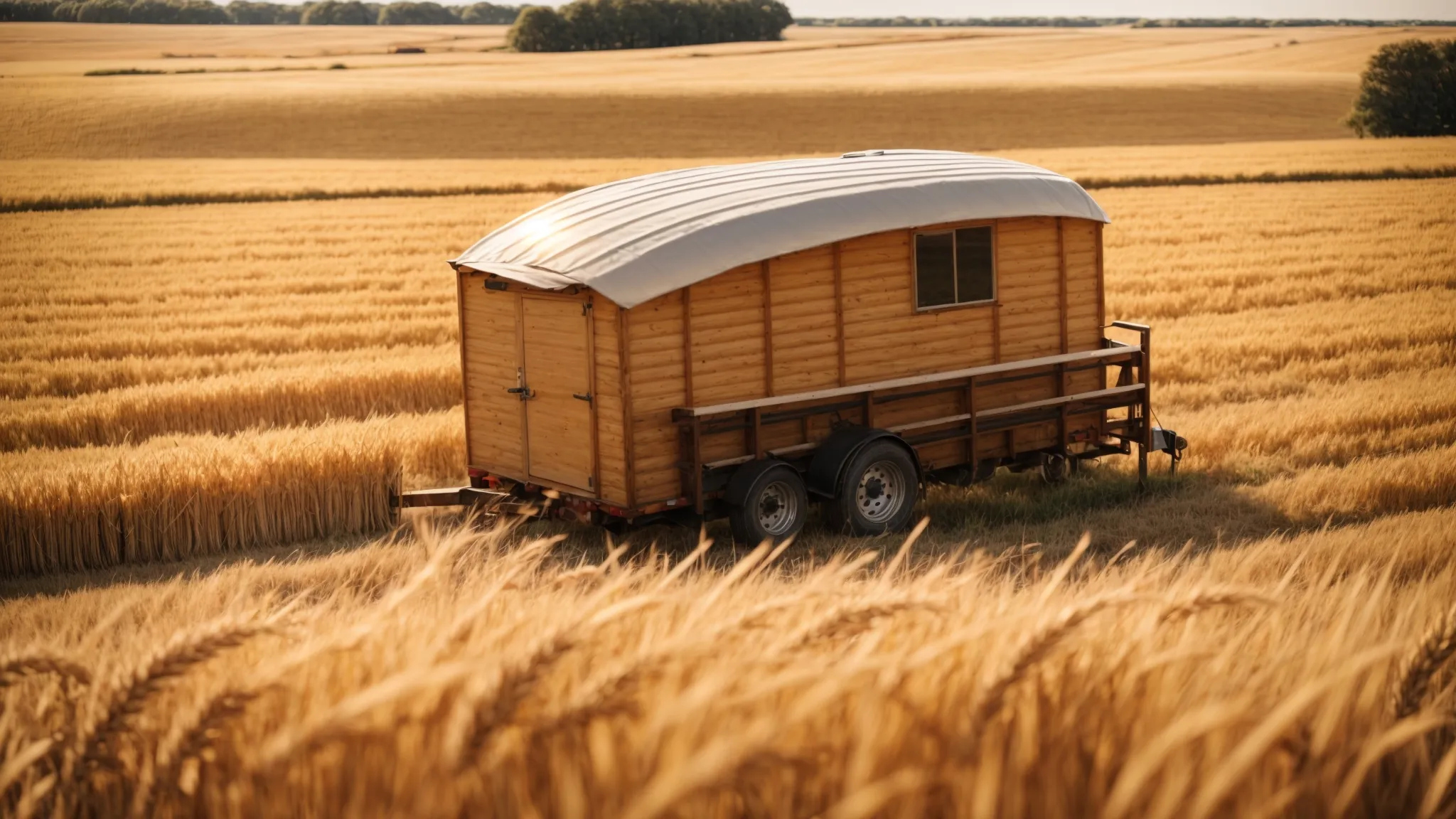 a farm trailer, laden with hay, stands in a vast, golden wheat field under the sprawling azure sky, ready for the day's work.