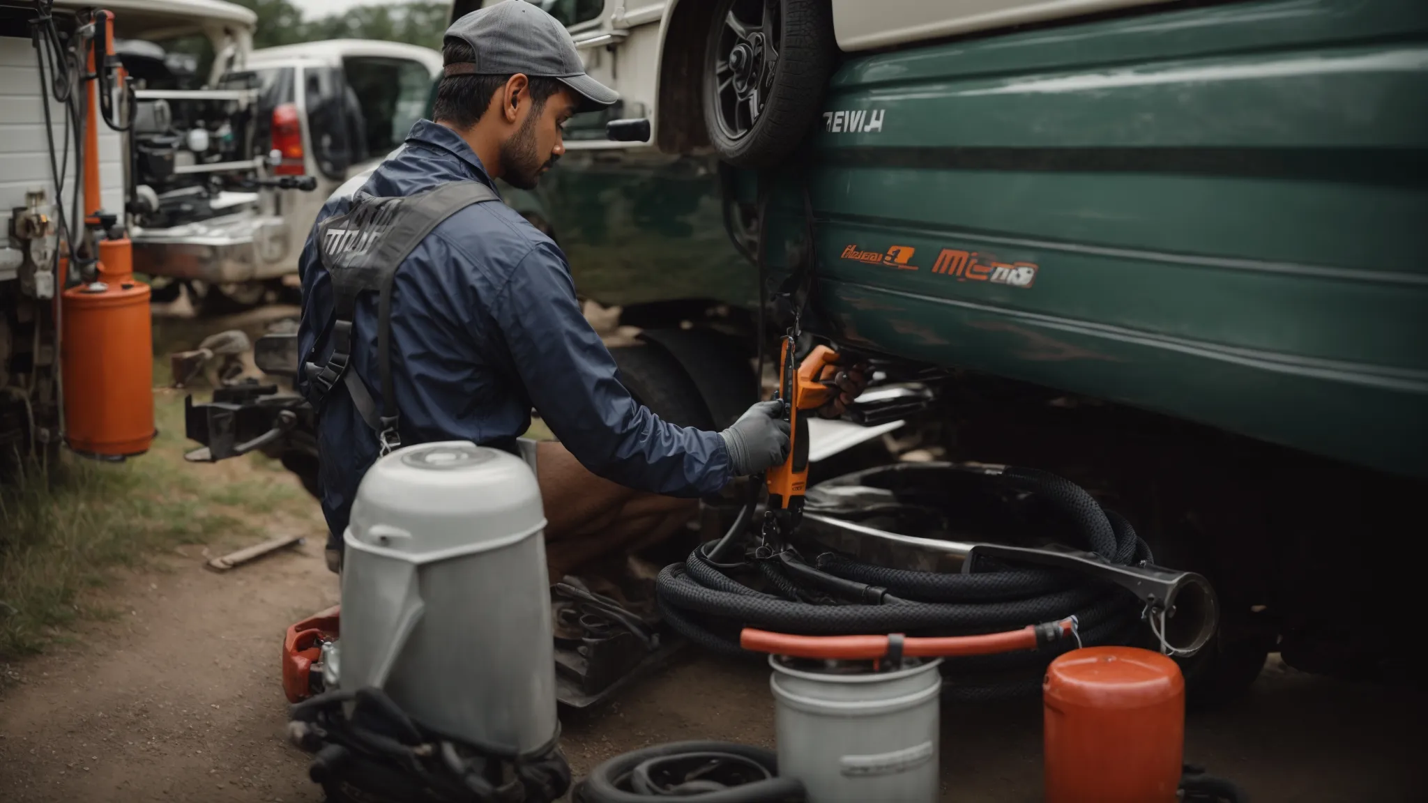 a mechanic is meticulously inspecting a tow hitch connected to a camper, ensuring it's clean and secure before a journey.