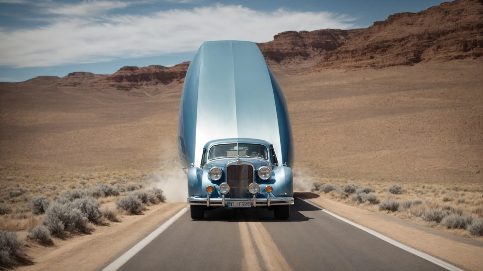 a vehicle hitched to a trailer, both stopped in the middle of a vast open road under a clear blue sky.