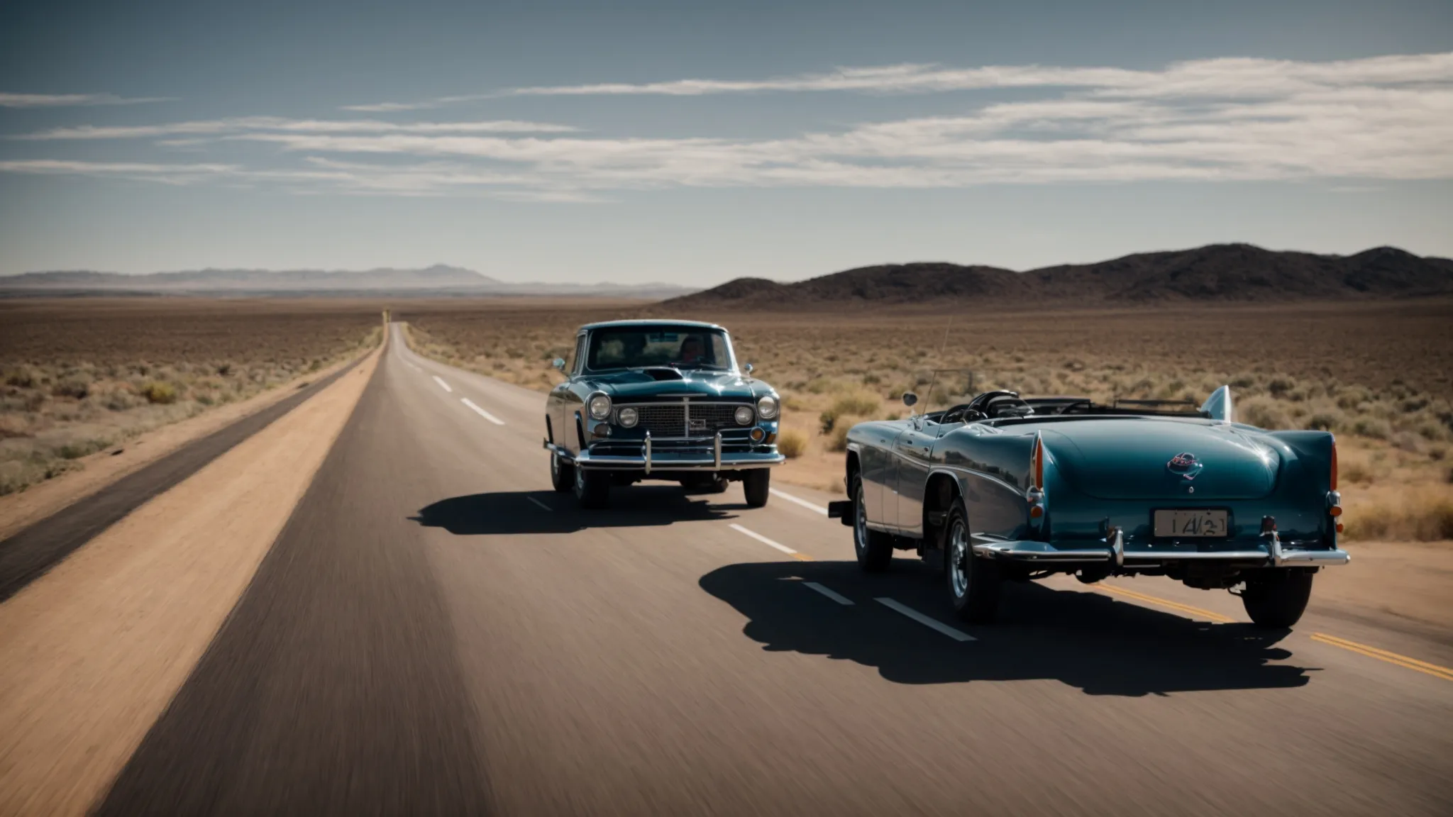 a vehicle is towing a seamlessly aligned trailer on a straight, open road, under a clear sky.