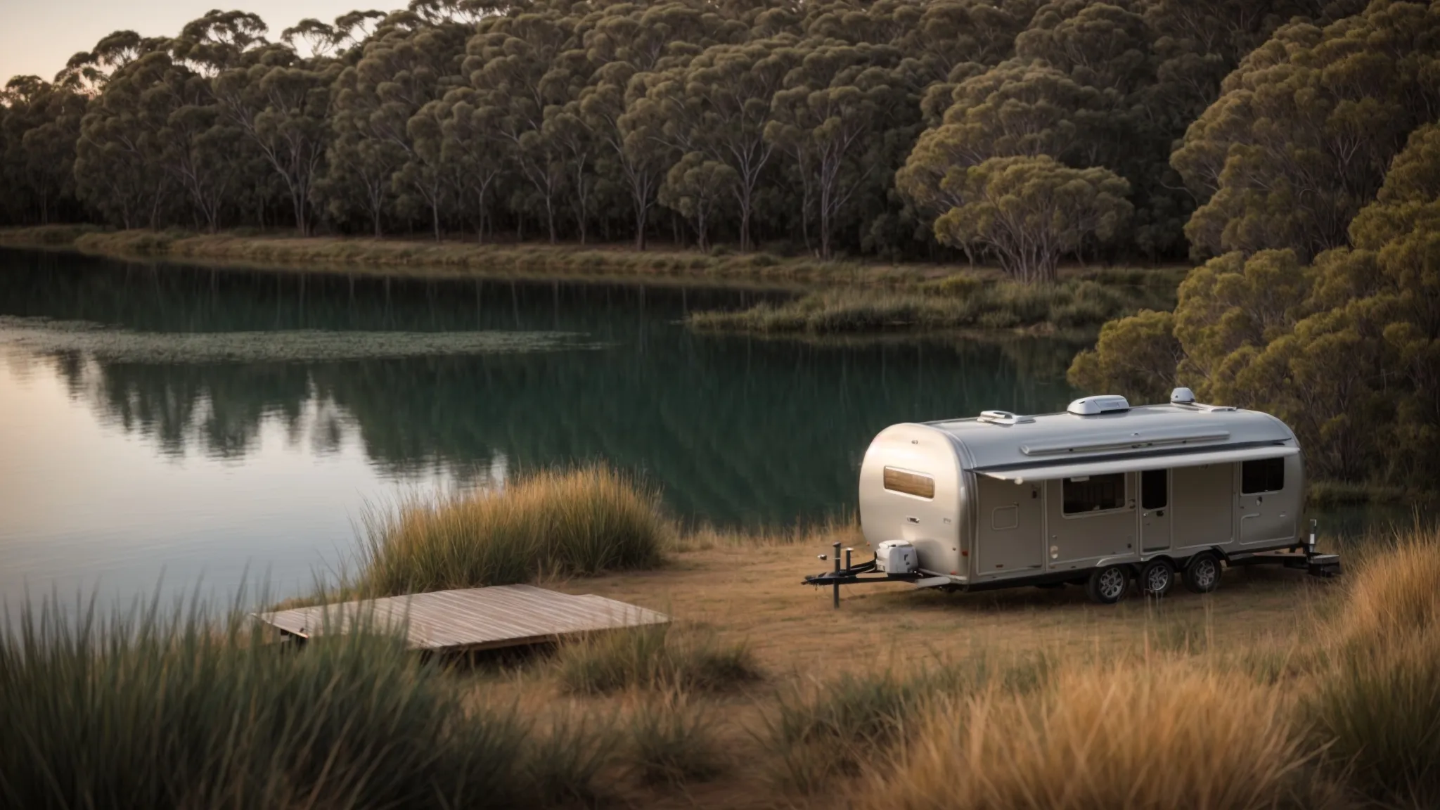 a hybrid camper trailer stands poised at the edge of a serene lake, nestled within an expansive australian landscape.