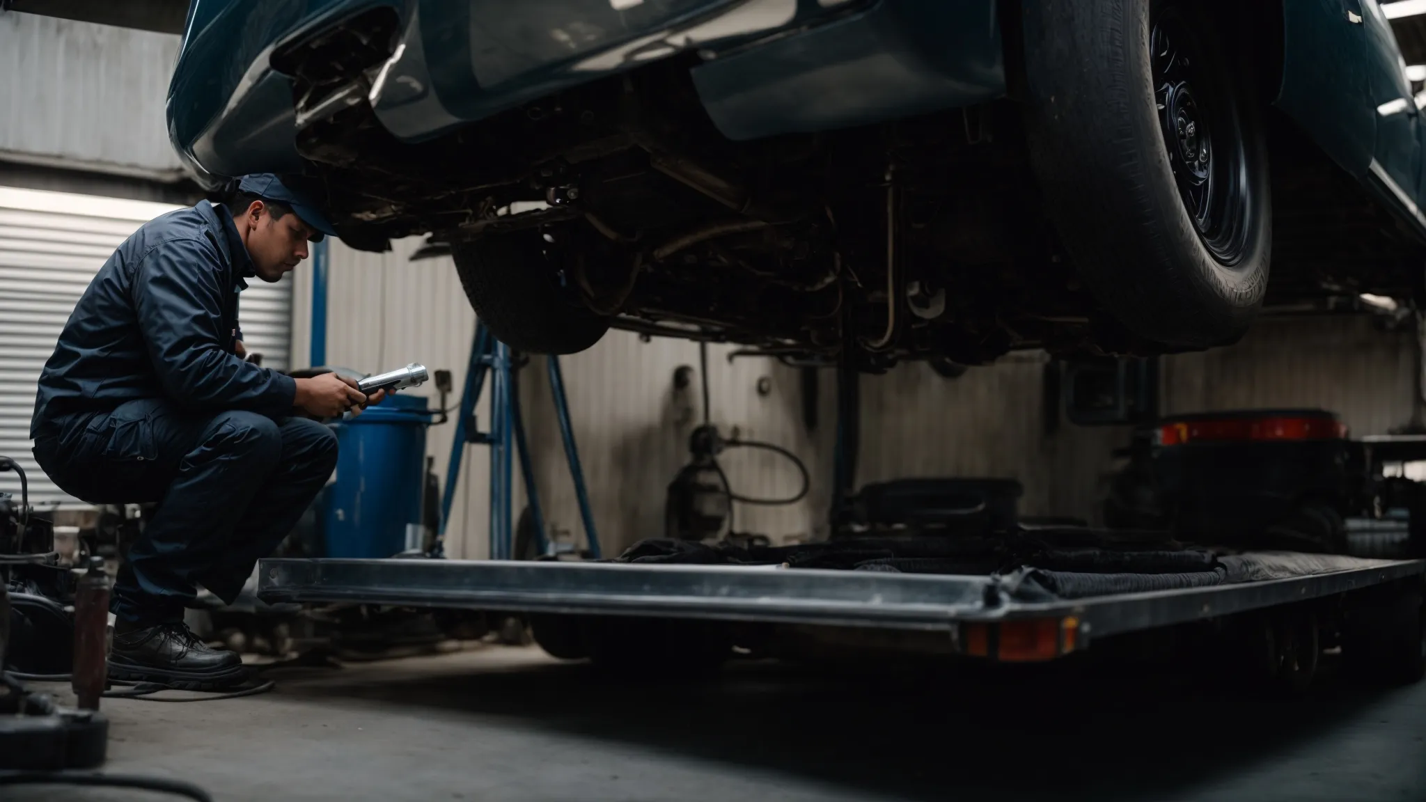 a mechanic is inspecting the undercarriage of a trailer parked in a garage.