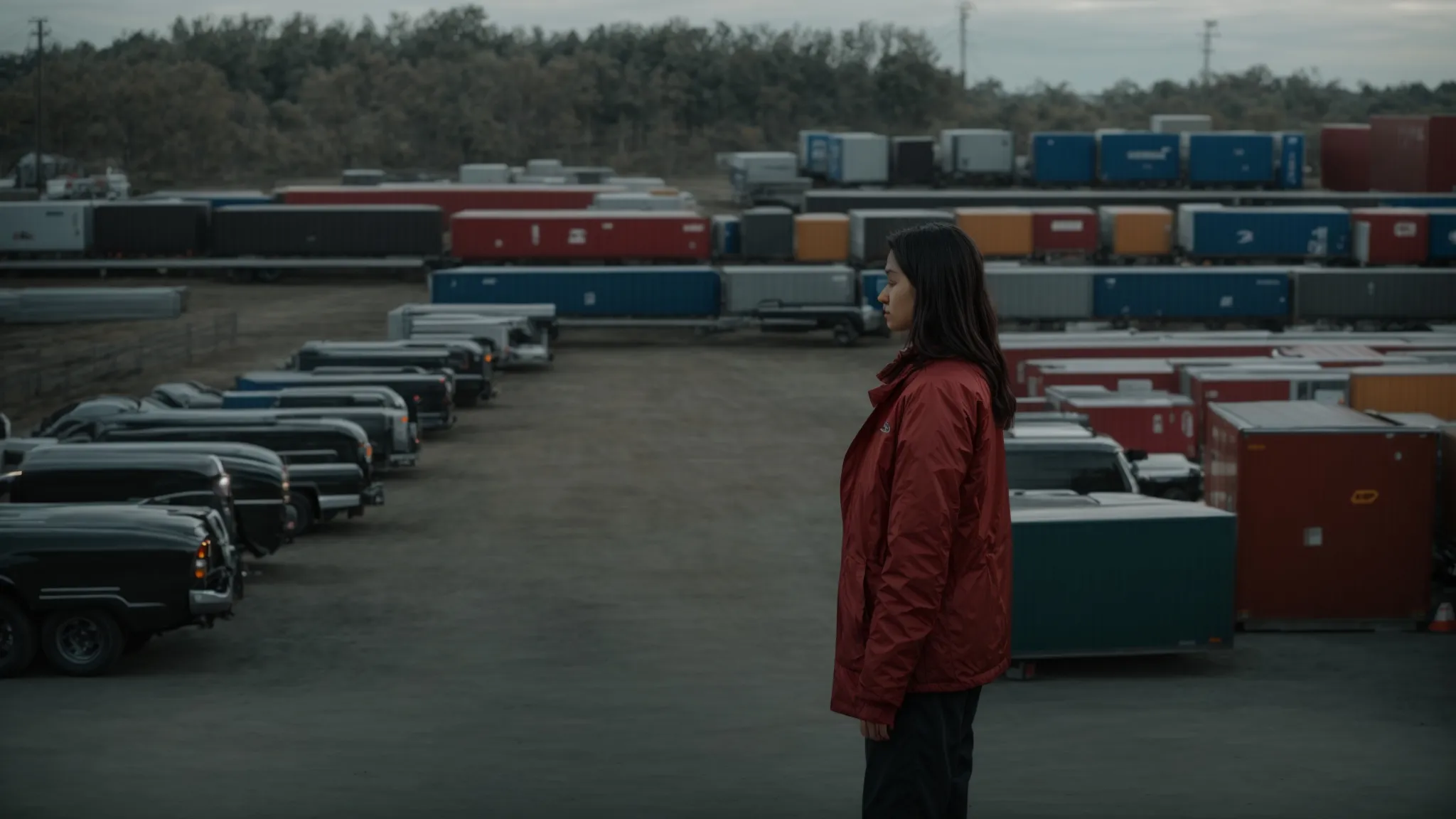 a person stands in contemplation in front of a row of parked car hauler trailers, evaluating their choices.