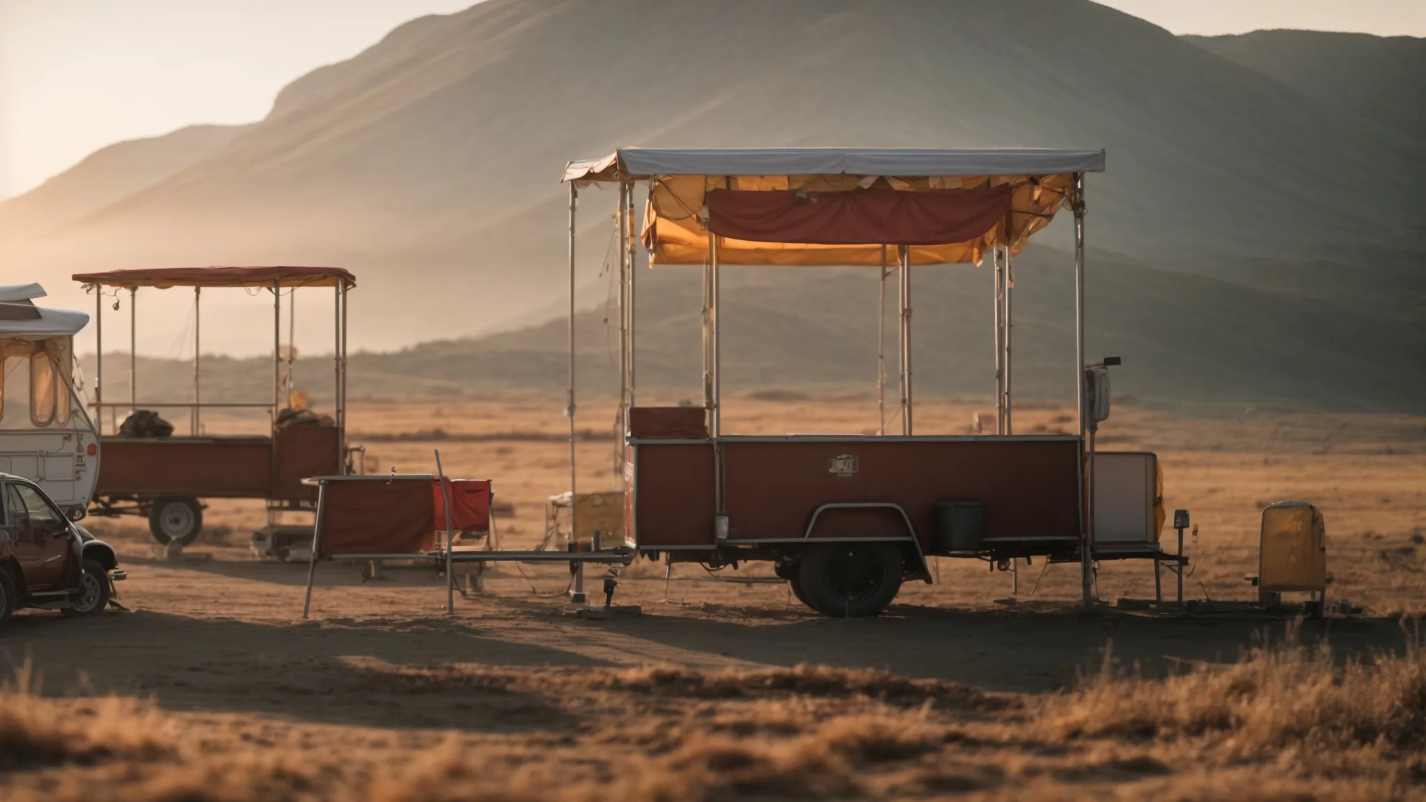 a close-up view of various caravan jockey stands, showcasing their different materials under the soft glow of sunrise, symbolizing the beginning of a journey in durable material selection.