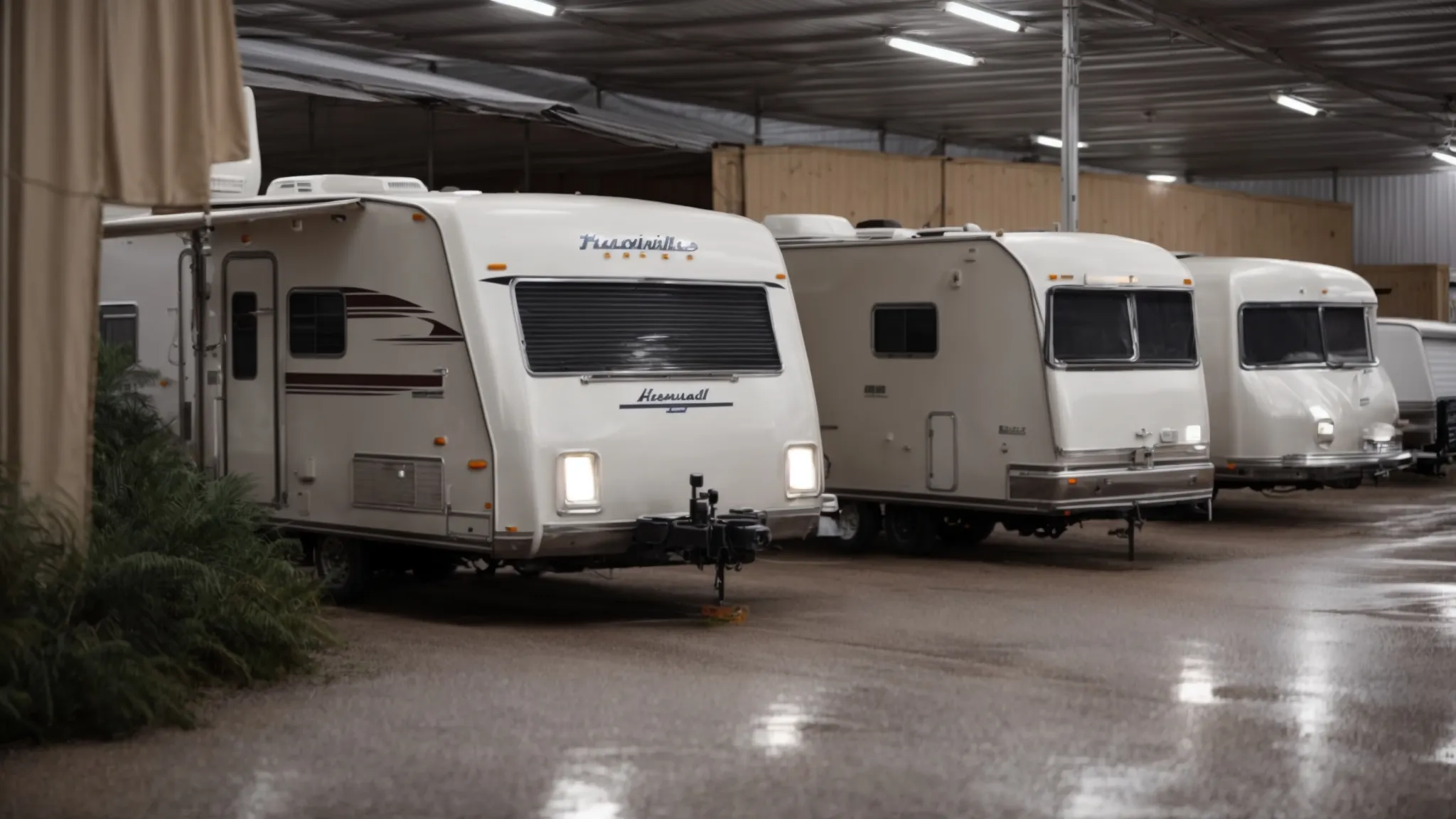 a row of rvs parked securely in a covered, well-maintained storage facility, shielded from the weather.