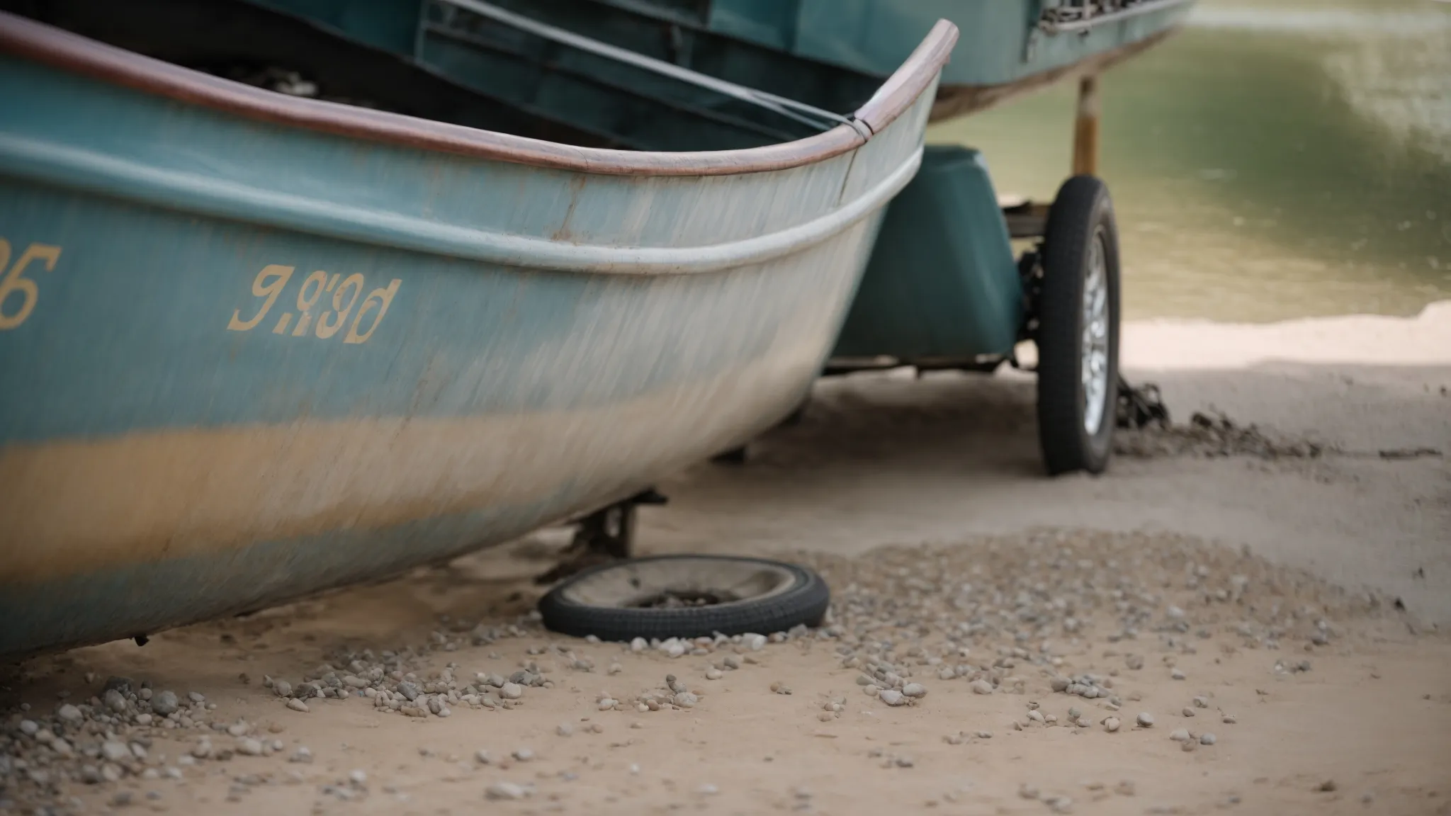 a person inspects a boat trailer parked on a gravel lot, focusing on the condition of the springs beneath the vessel.