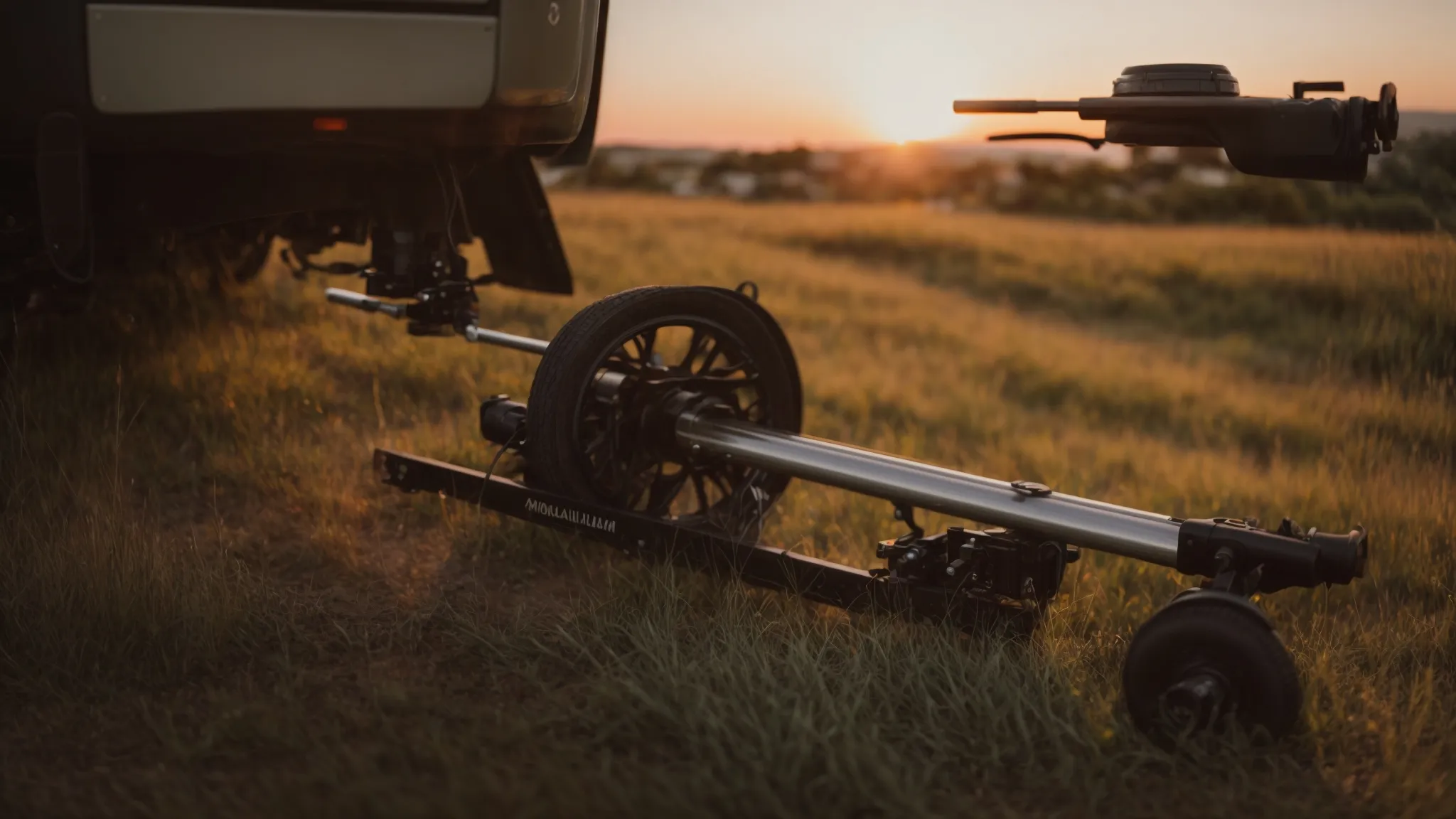 a person methodically adjusts a stabilizing jack beneath a trailer parked on a grassy, uneven terrain, bathed in the soft glow of dusk.