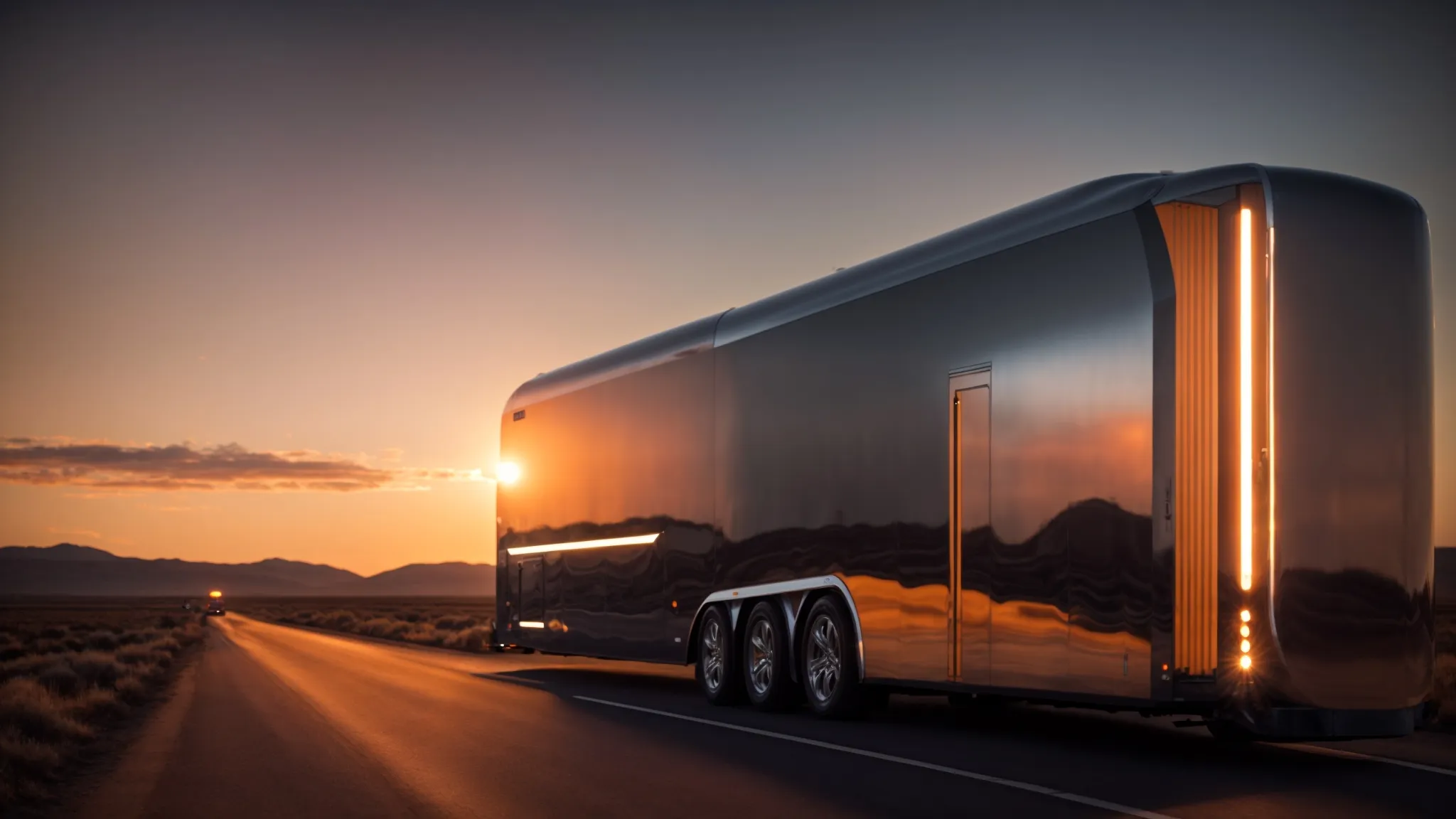 a sleek, futuristic trailer glowing under the sunrise on an open road, symbolizing innovation and the dawn of new technology in transportation.