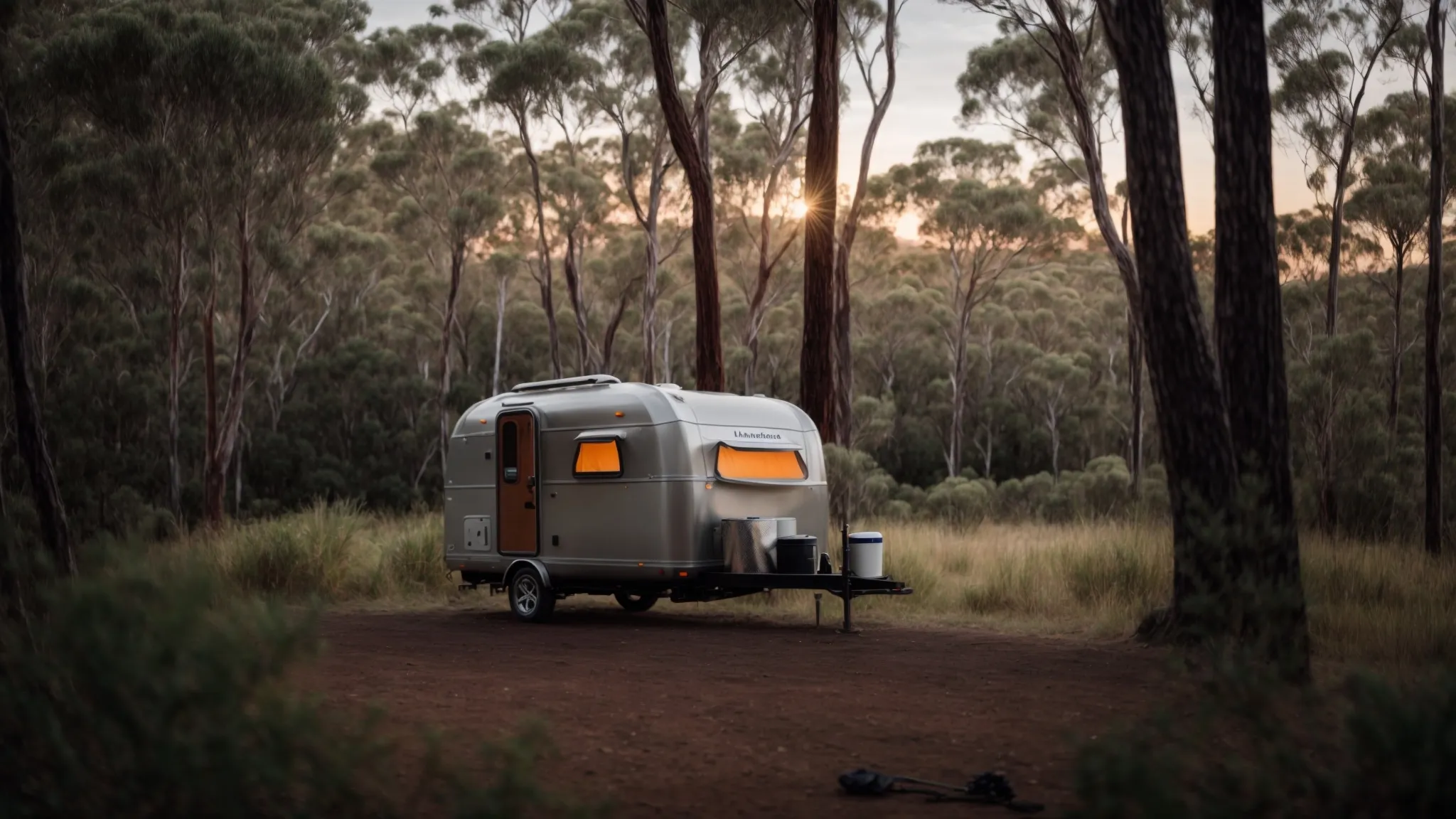 a hybrid camper trailer parked amidst the serene australian wilderness, ready for the next adventure.