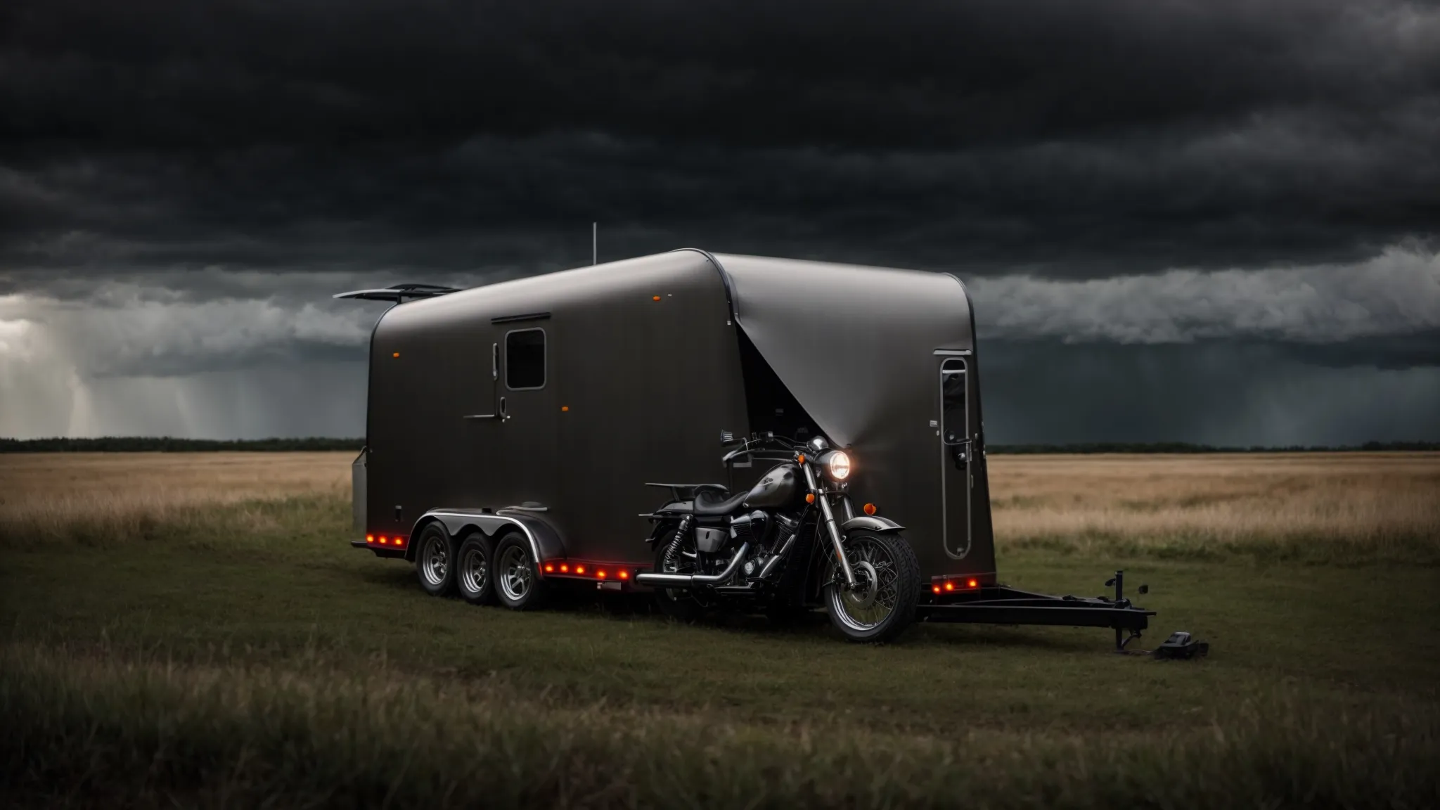 a sturdy, enclosed motorcycle trailer stands resilient amidst a stormy landscape, its structure unyielded and secure.