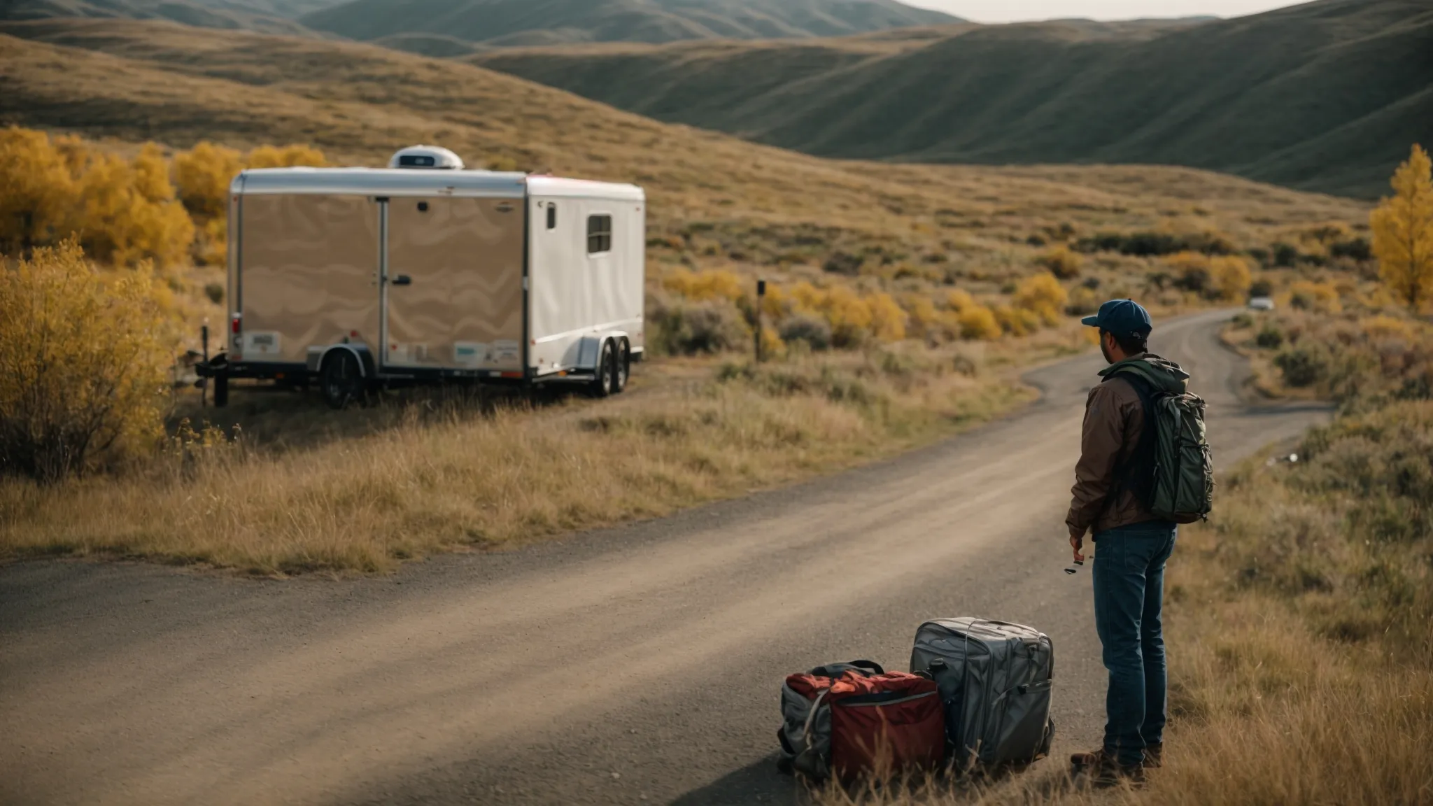 a person attentively inspects a trailer hitched to a vehicle, parked on a quiet road amidst nature.