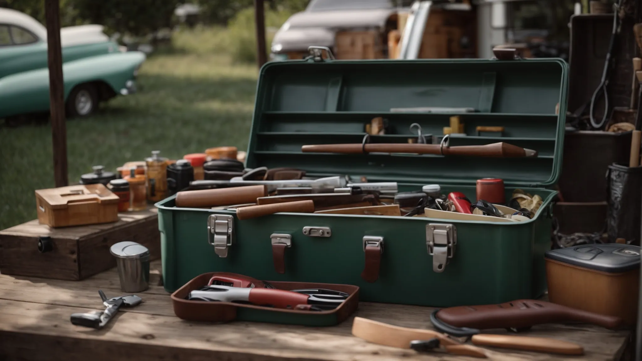 a neatly organized toolbox opens on a wooden bench, filled with various tools, against the backdrop of a caravan and awning in need of repair.