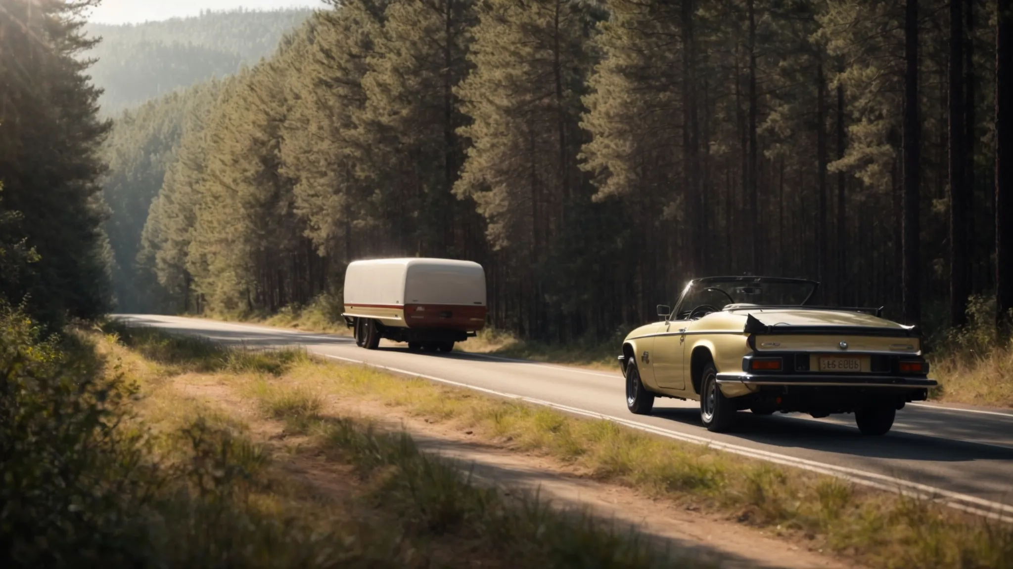 a vehicle with an attached trailer drives smoothly along a scenic road, surrounded by open forests under a clear sky.