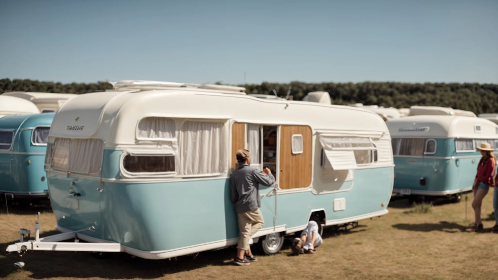 a couple joyfully exploring a caravan sales lot dotted with compact caravans under a clear blue sky.