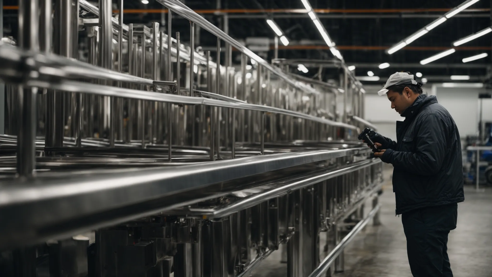 a person closely inspects the welded joints and metalwork of a new trailer in a well-lit dealership.