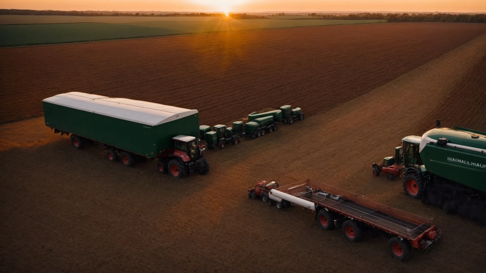 a vast farming field illuminated by the sunset, with a high-quality trailer parked next to a tractor, ready for the next day's work.