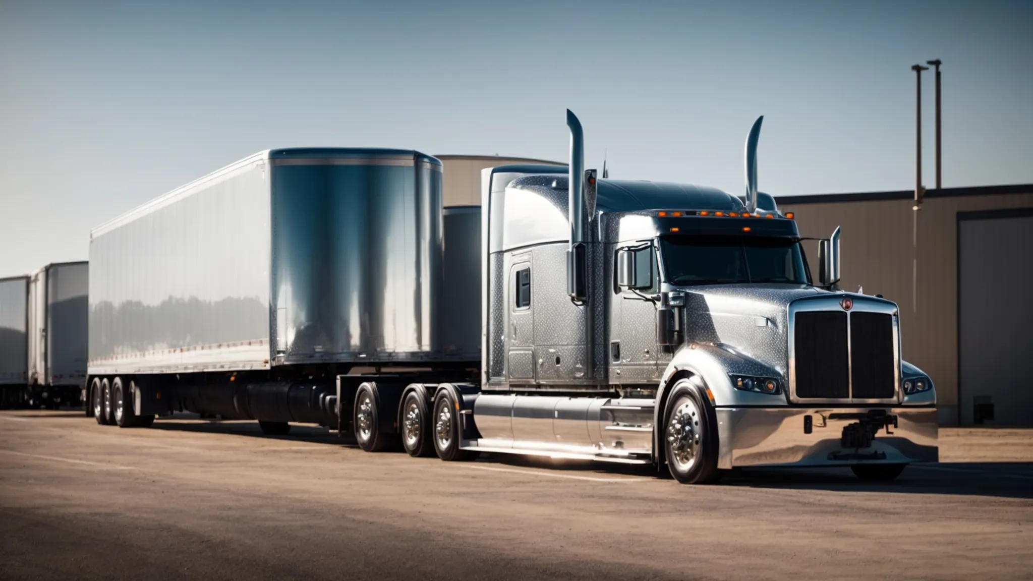 a semi trailer parked in an industrial complex, upgraded with new custom features glittering under the afternoon sun.