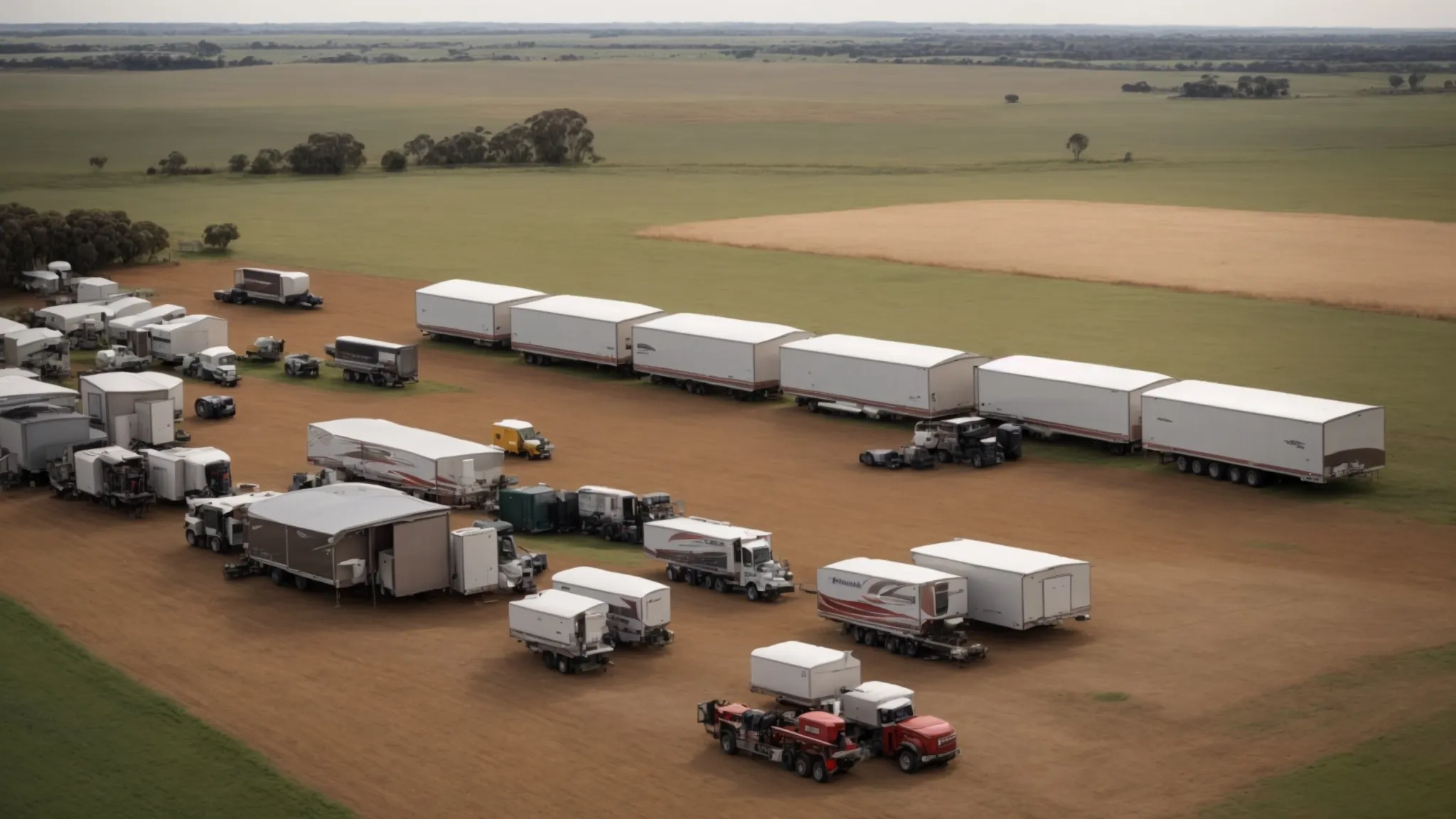 a wide-open australian farm field with several different brands of trailers lined up for inspection under the vast sky.