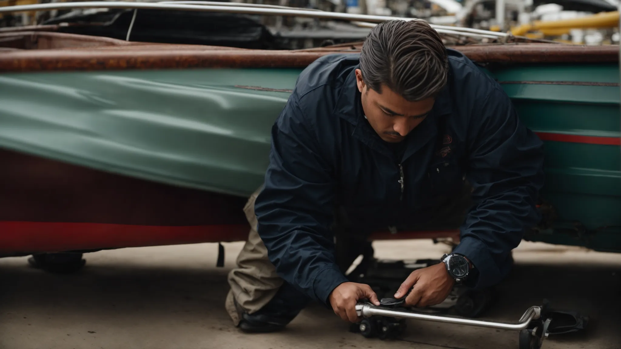 a mechanic intently examines the underside of a boat trailer parked securely on a flat surface.