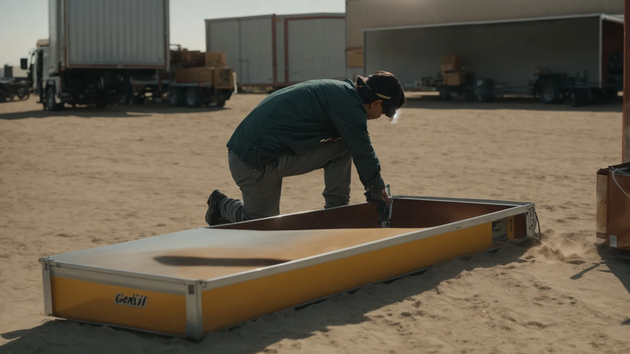 a person stands beside an open box trailer, meticulously applying sealant along its edges under a clear sky.