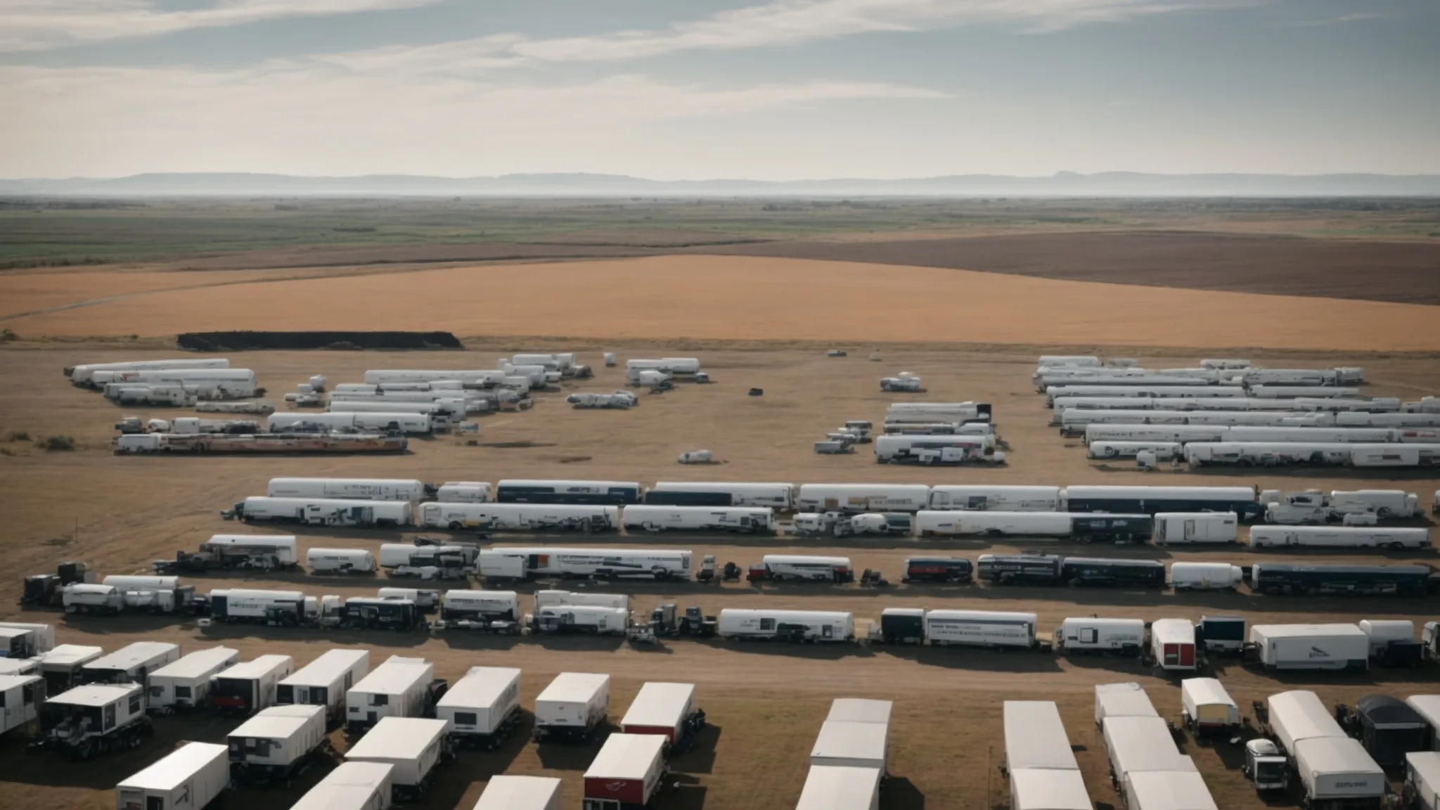 a vast array of trailers is lined up, each showing its unique design against the backdrop of a wide, open field.