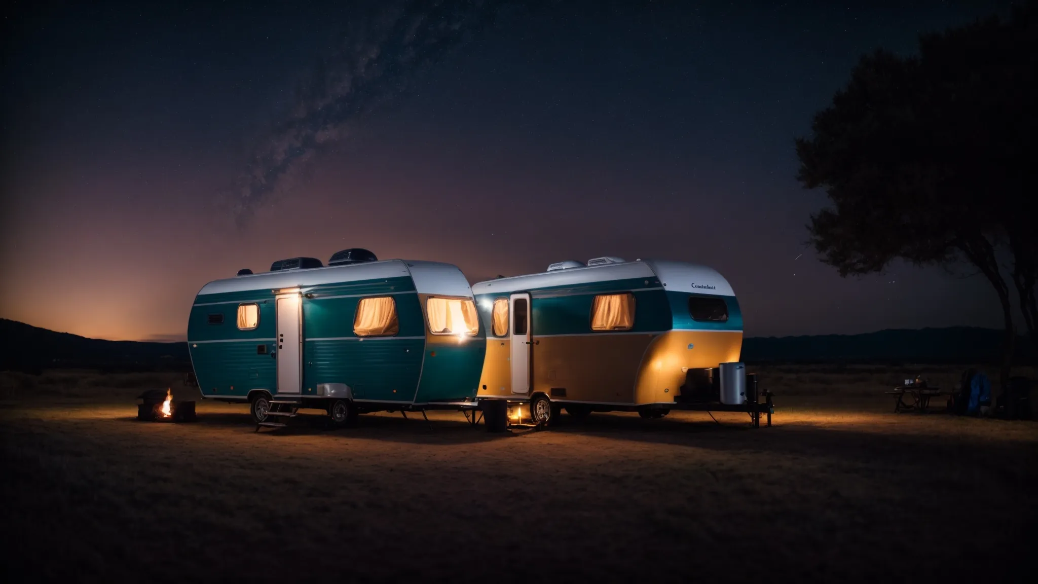 two compact caravans parked side-by-side against a backdrop of a starlit sky, with a cozy campfire flickering in the foreground.