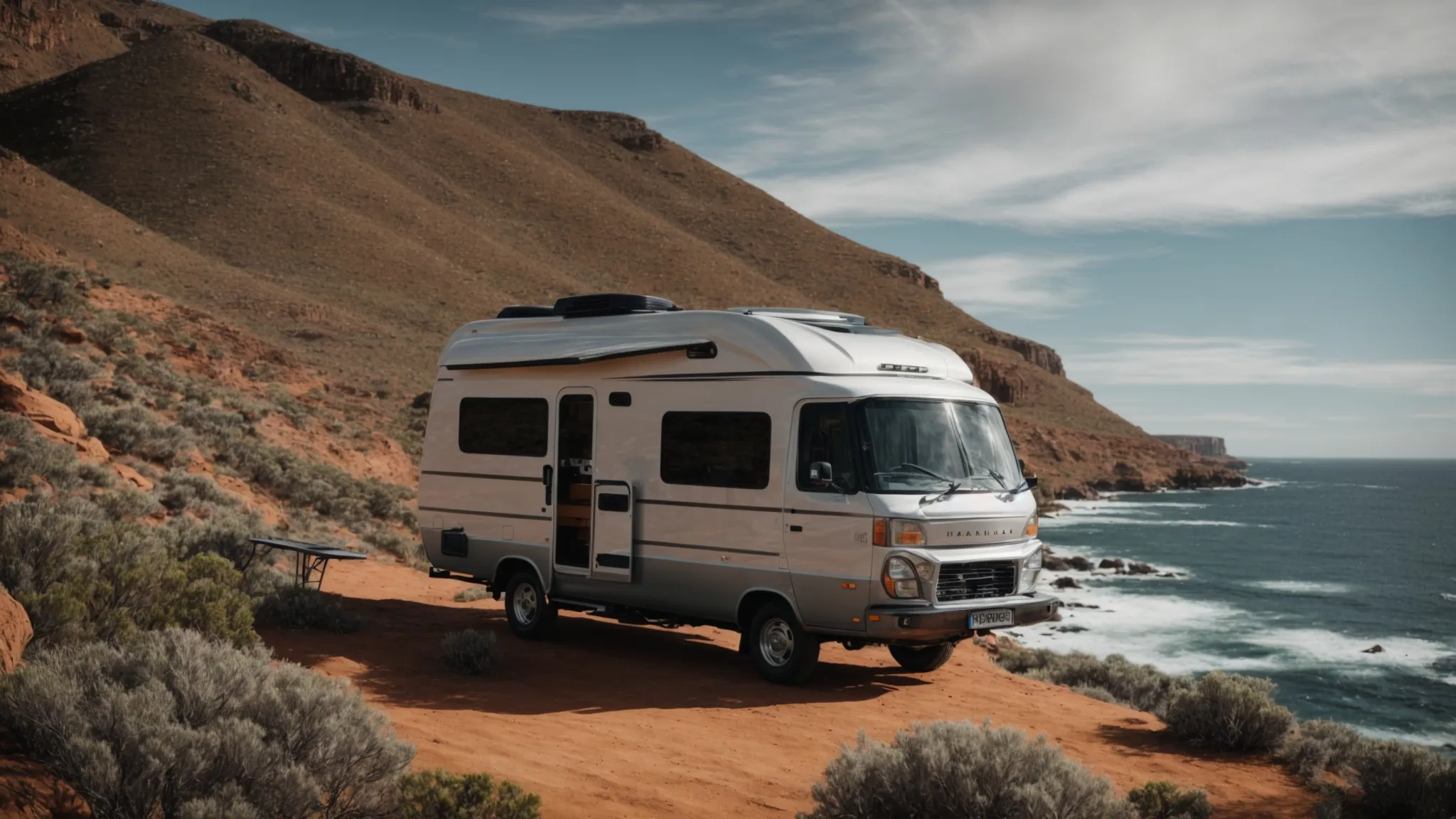 a hybrid camper parked amidst a scenic landscape, bridging the rugged outback and the serene coastline.