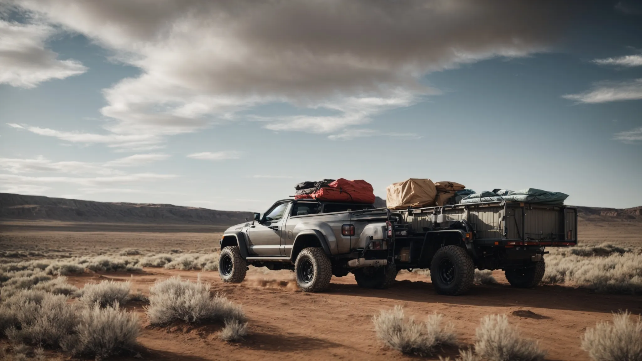 an off-road car trailer stands resiliently beside a rugged vehicle, ready to embark into a vast wilderness under a wide, open sky.