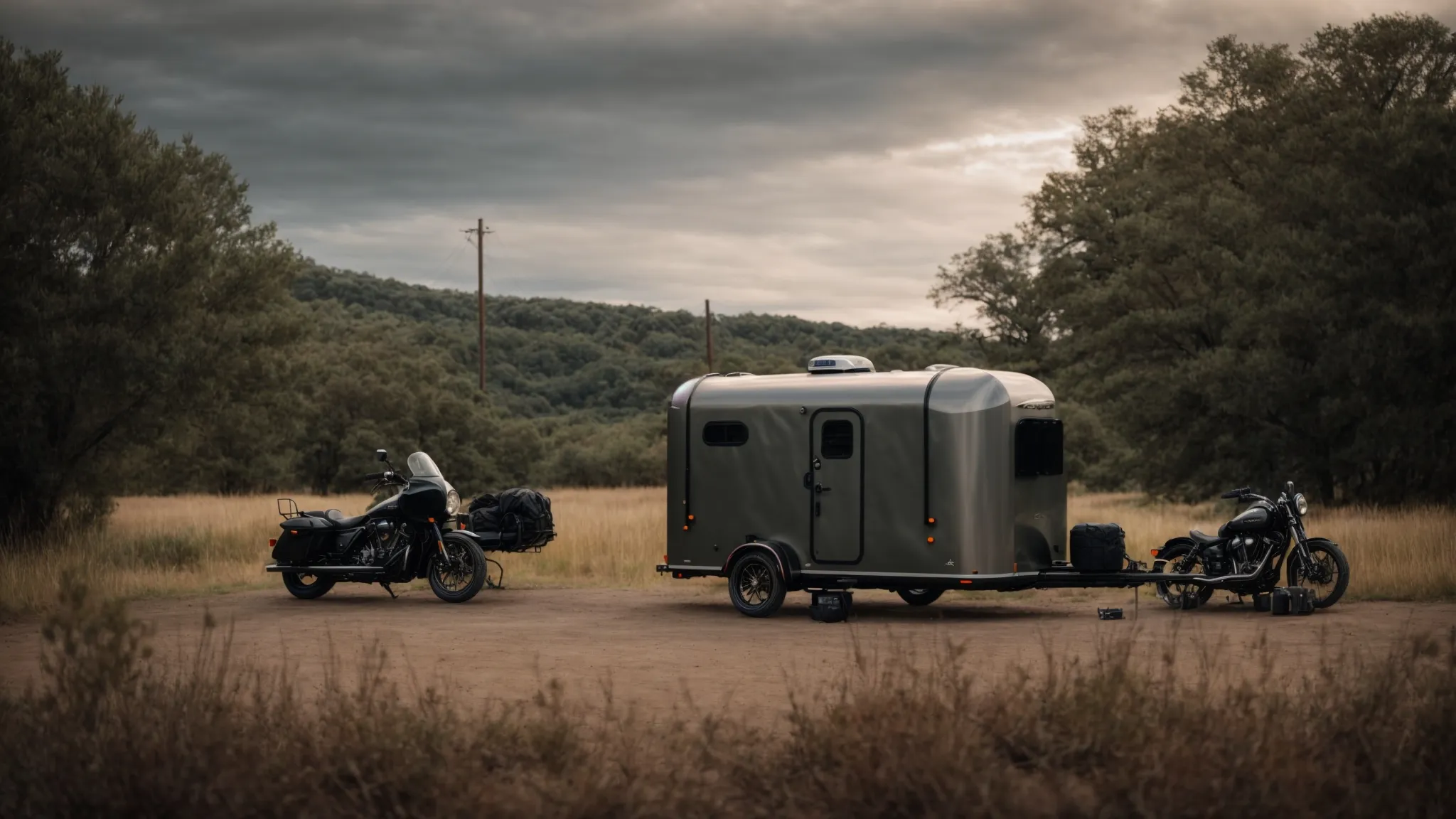 a sleek, enclosed motorcycle trailer is parked beside a scenic camping site, awaiting adventure.