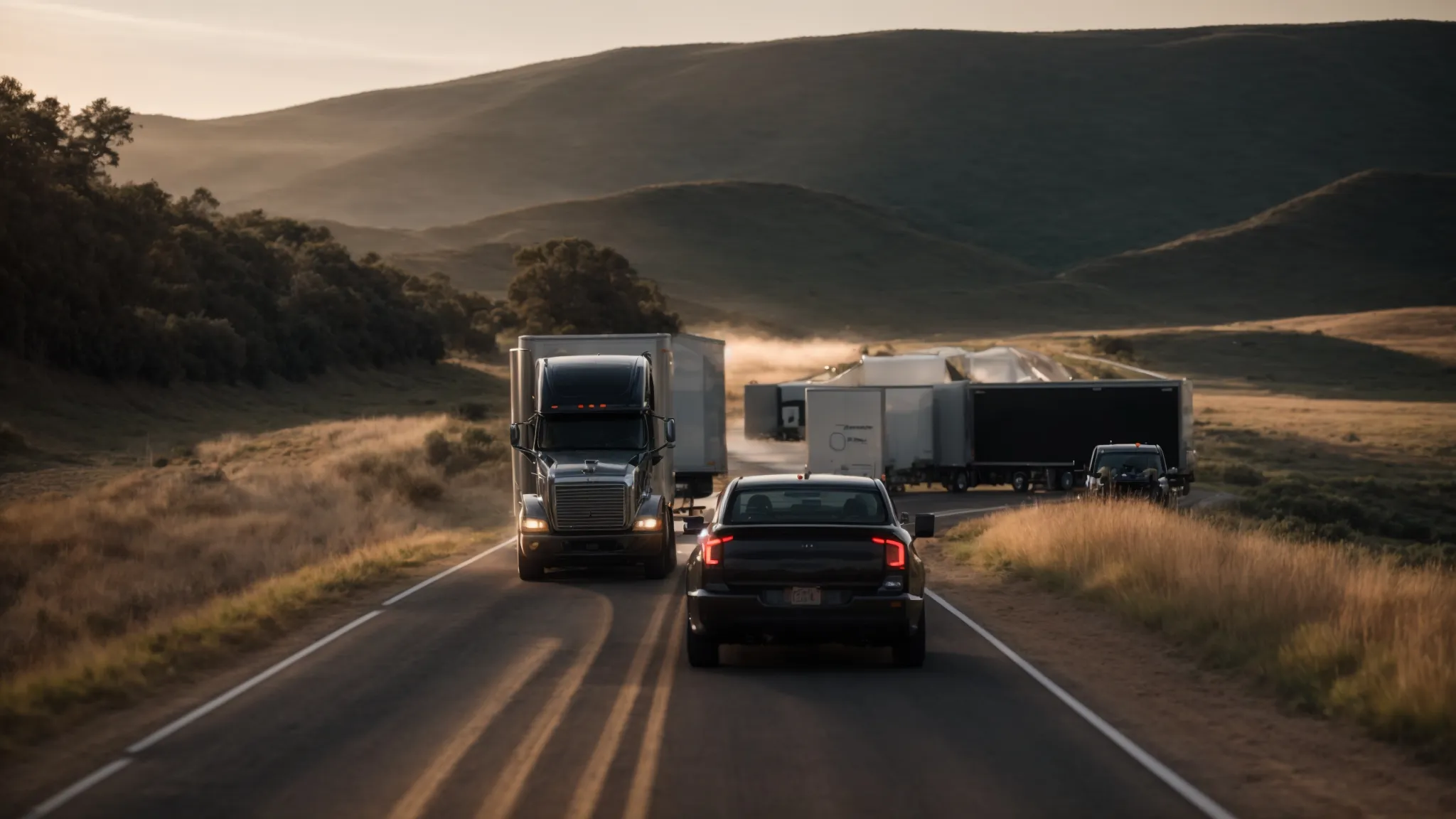 a vehicle efficiently towing a large trailer on a serene, open highway, showcasing the perfect alignment and stability provided by a drop-down tow hitch.