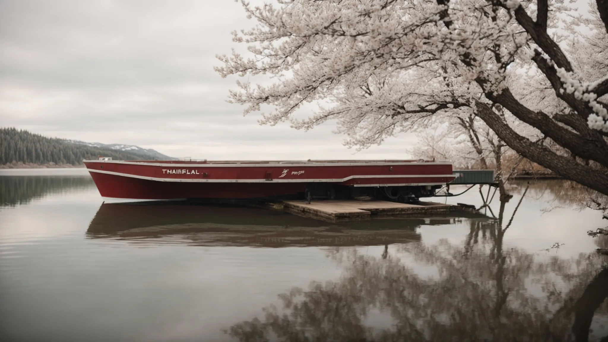 a well-maintained boat trailer sits beside a calm lake, ready for a spring adventure.