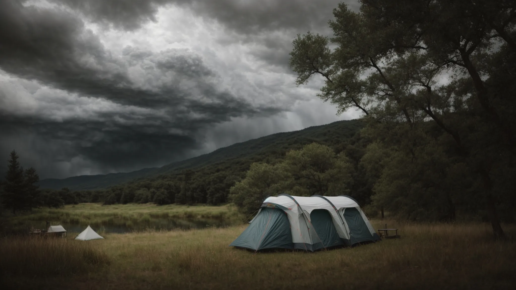 a tent and trailer stand resiliently amidst a serene campsite, surrounded by the calm before an approaching storm.