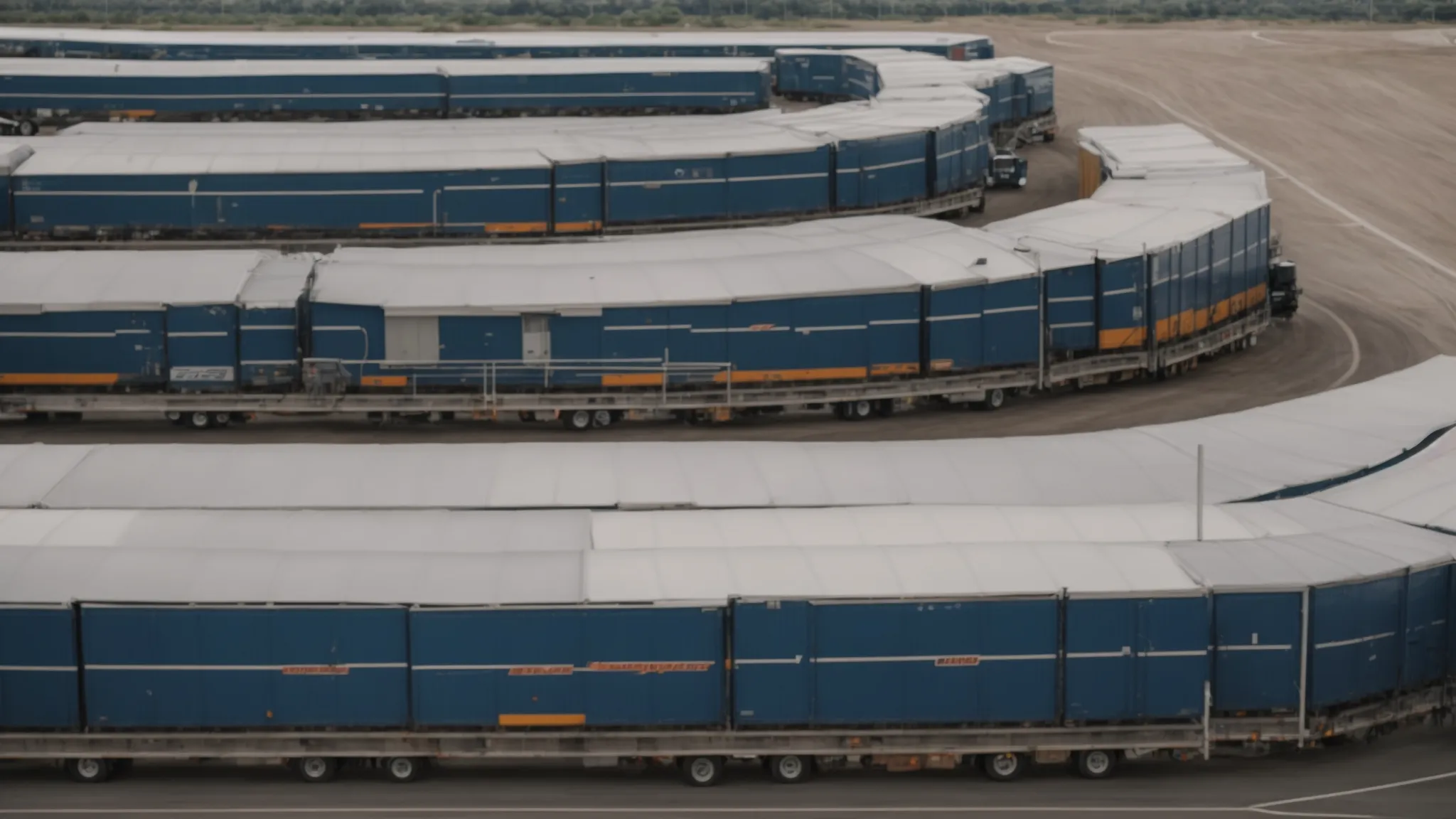 a vast parking lot filled with rows of used semi-trailers under a clear sky.