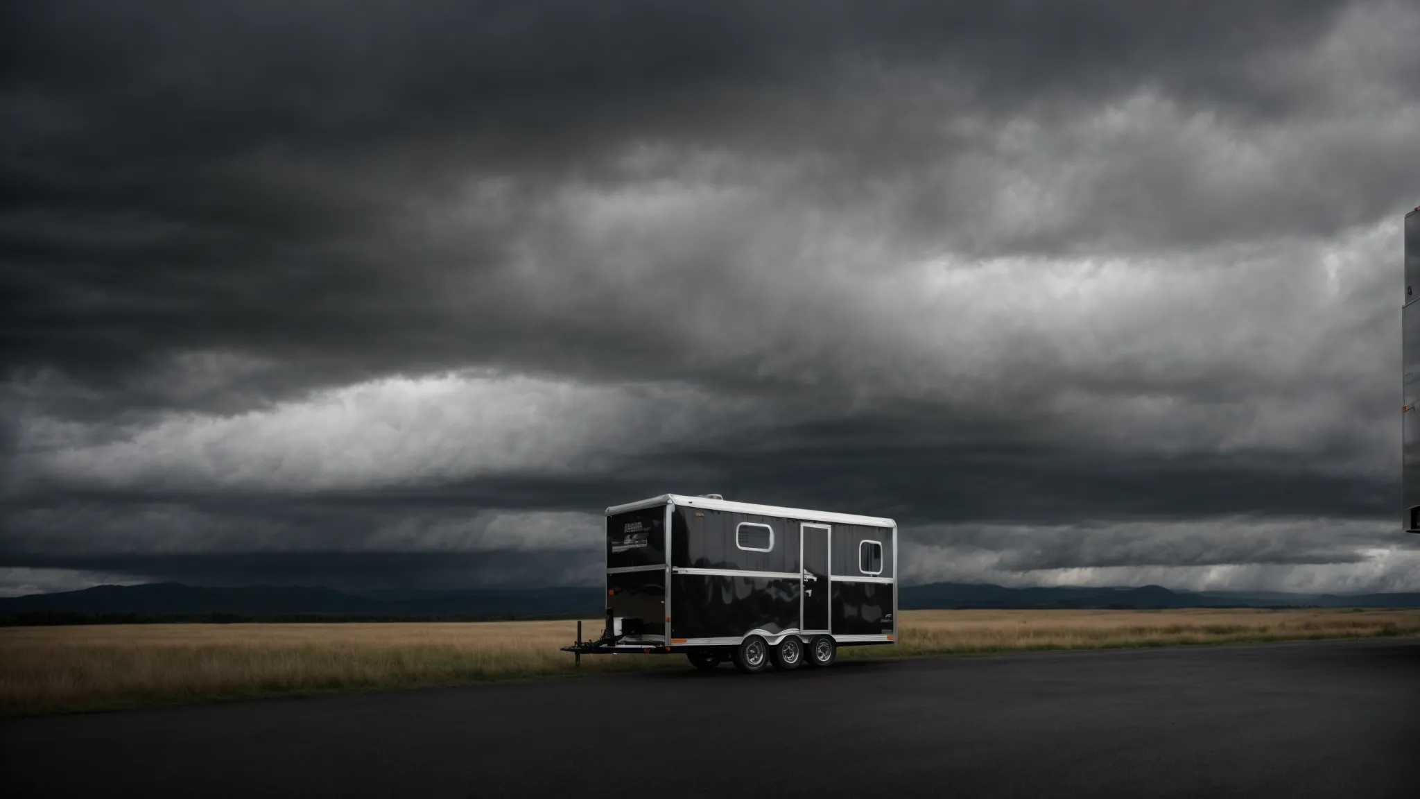 a motorcycle enclosed in a secure trailer parked under a stormy sky.