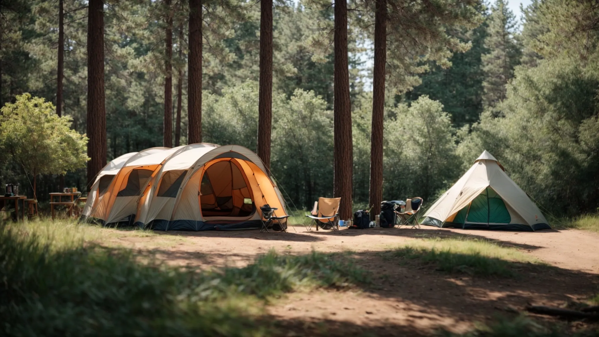 a serene campsite nestled in a clearing, with a tent pitched next to a parked trailer surrounded by towering trees, beckons the promise of adventure and tranquility under a clear blue sky.