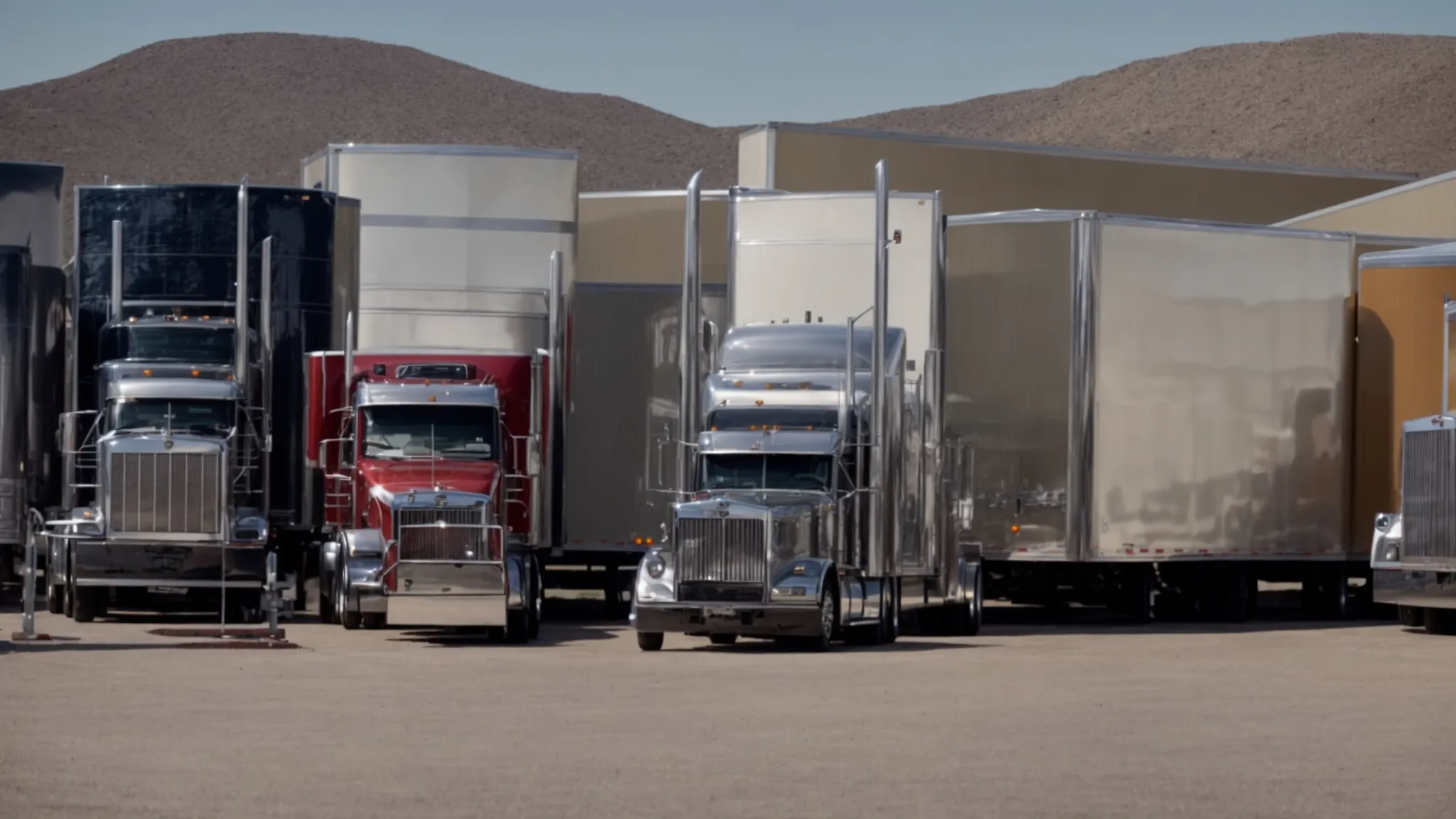 a wide selection of semi trailers lined up in a vast dealership lot under a clear sky.