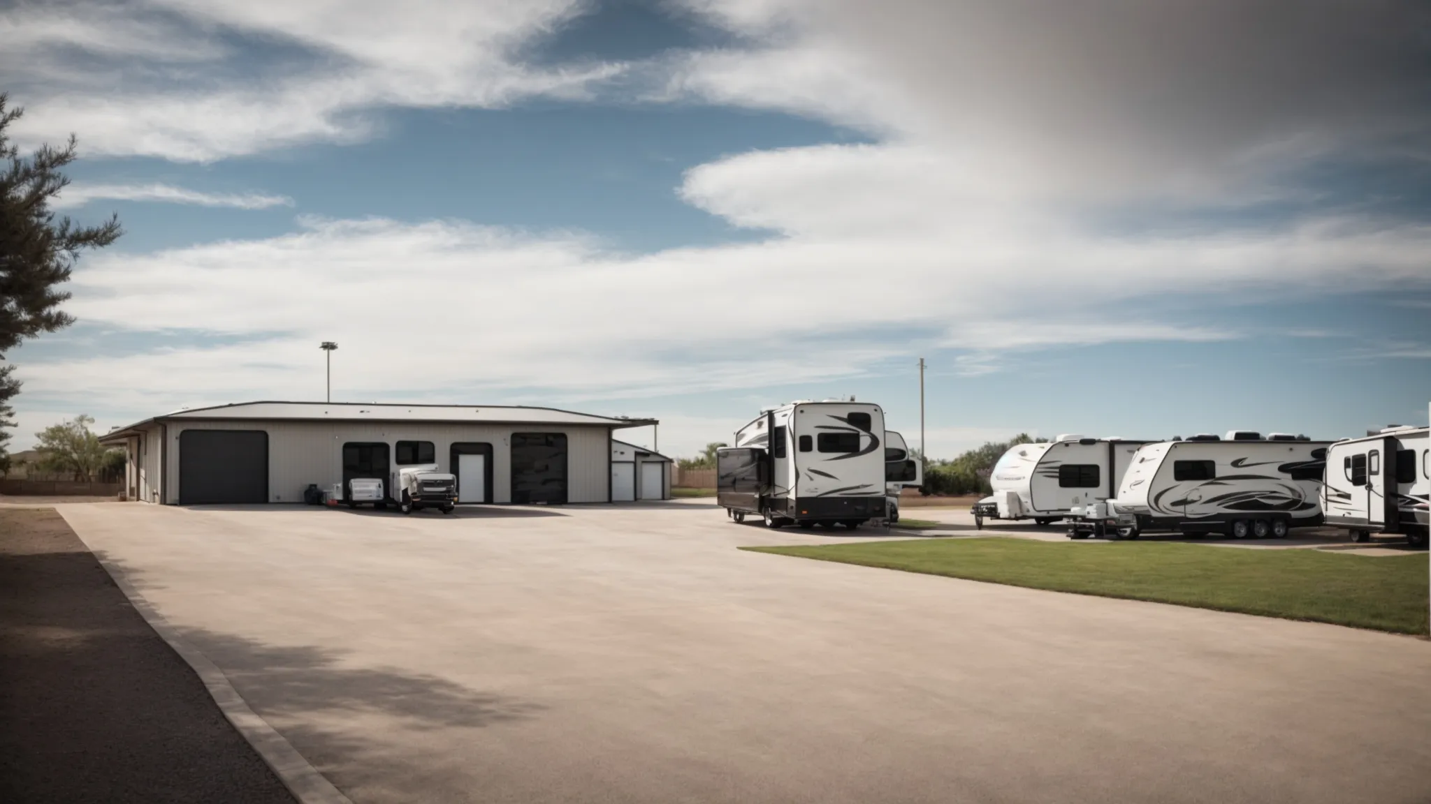 a wide, clean driveway leading to a secure, well-maintained rv storage facility with visible security cameras and ample space.