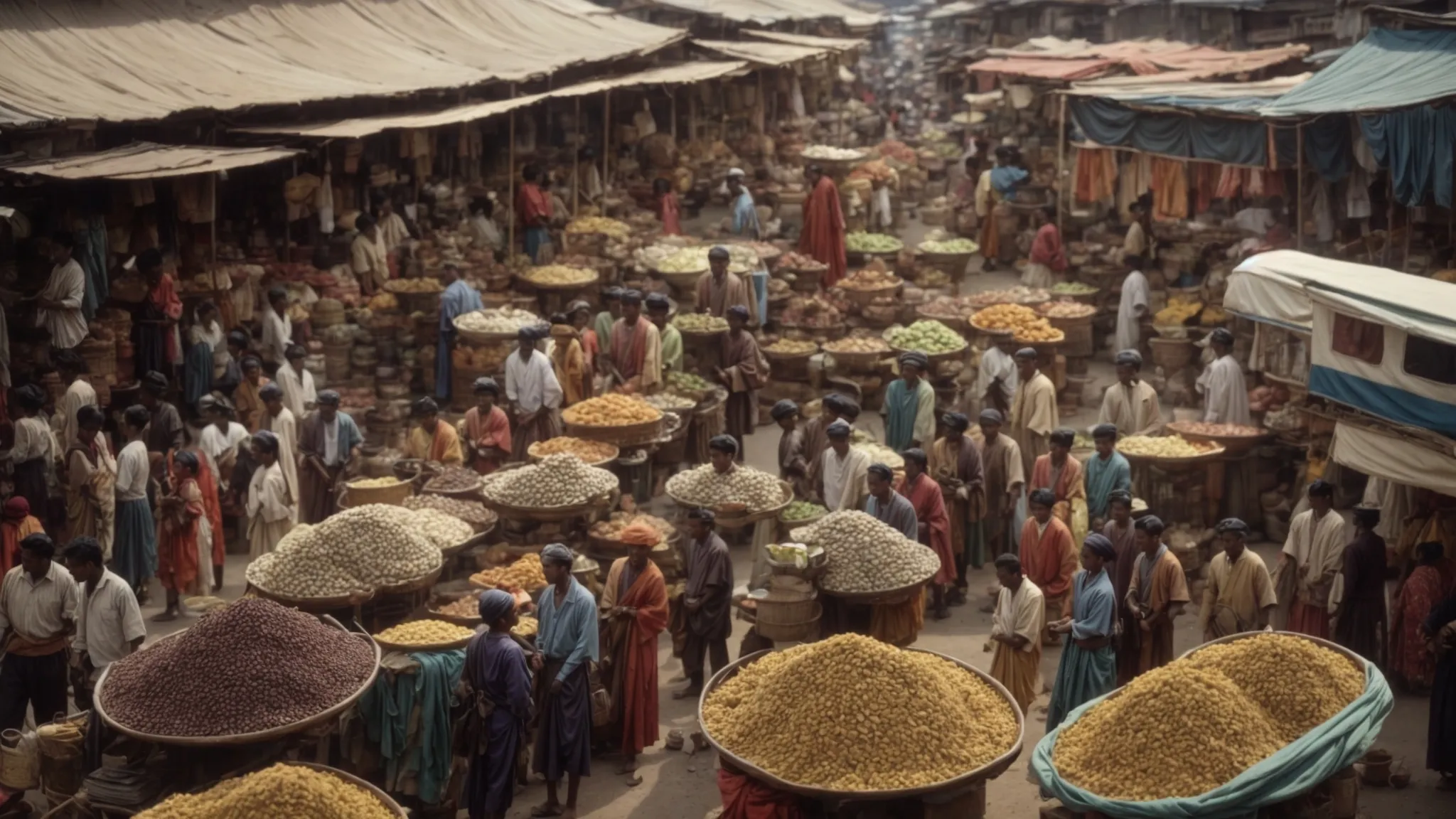 a balancing scale over a crowded market, with one side holding a pristine trailer and the other stacked with coins.