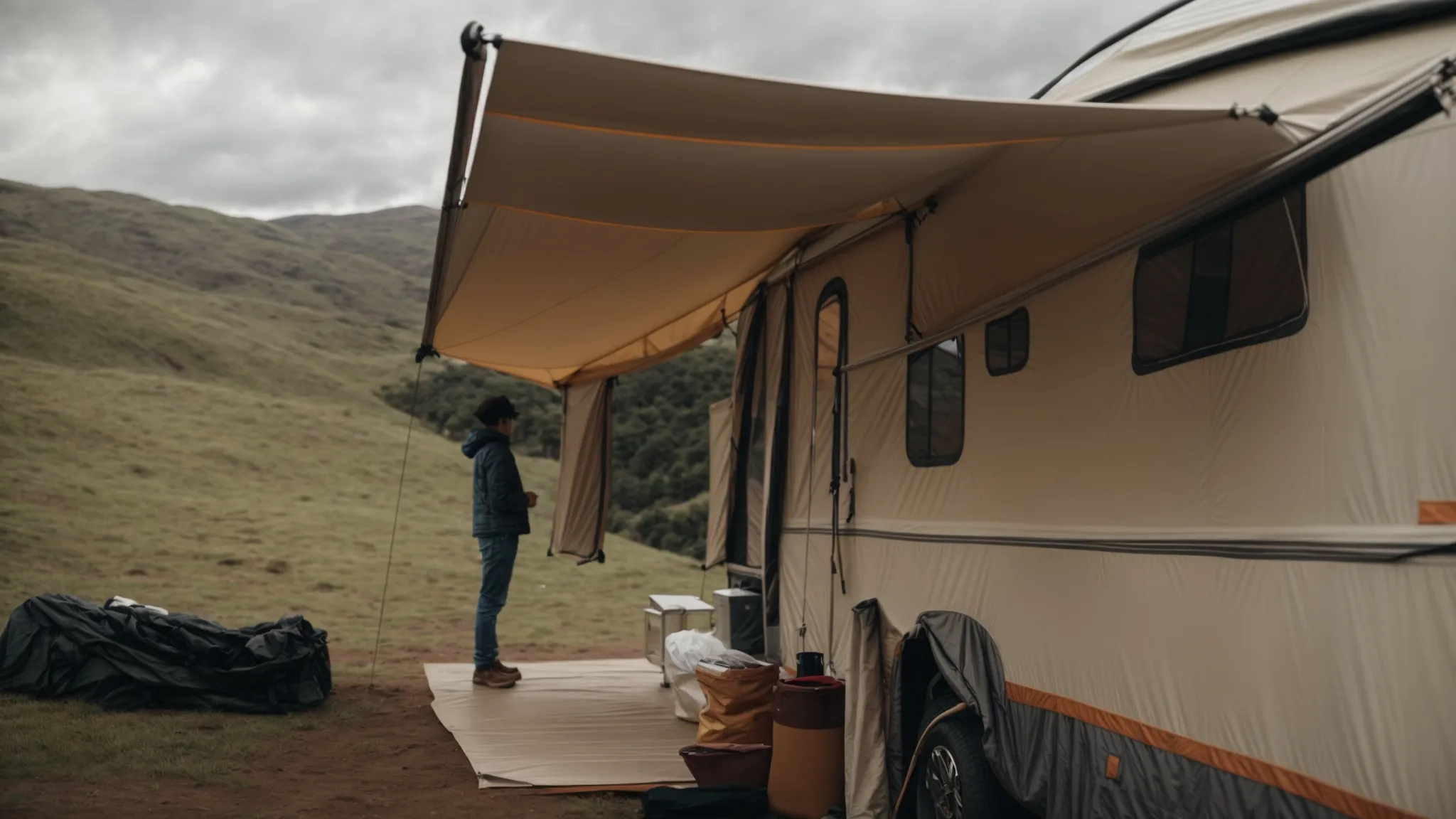 a person stands before an unfurled caravan awning, scrutinizing its structure intently.